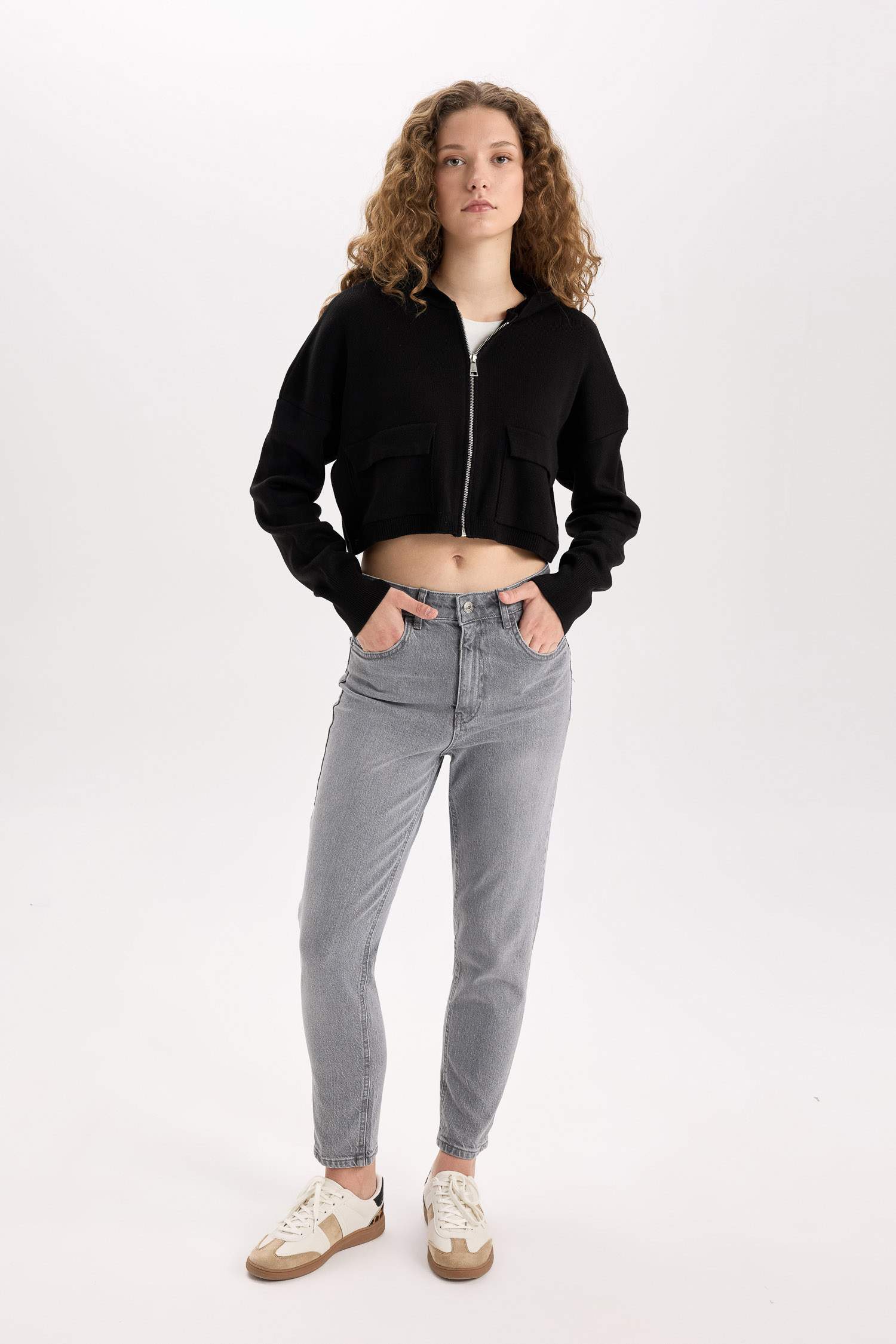 Regular Fit Kapüşonlu Basic Düz Fermuarlı Triko Hırka