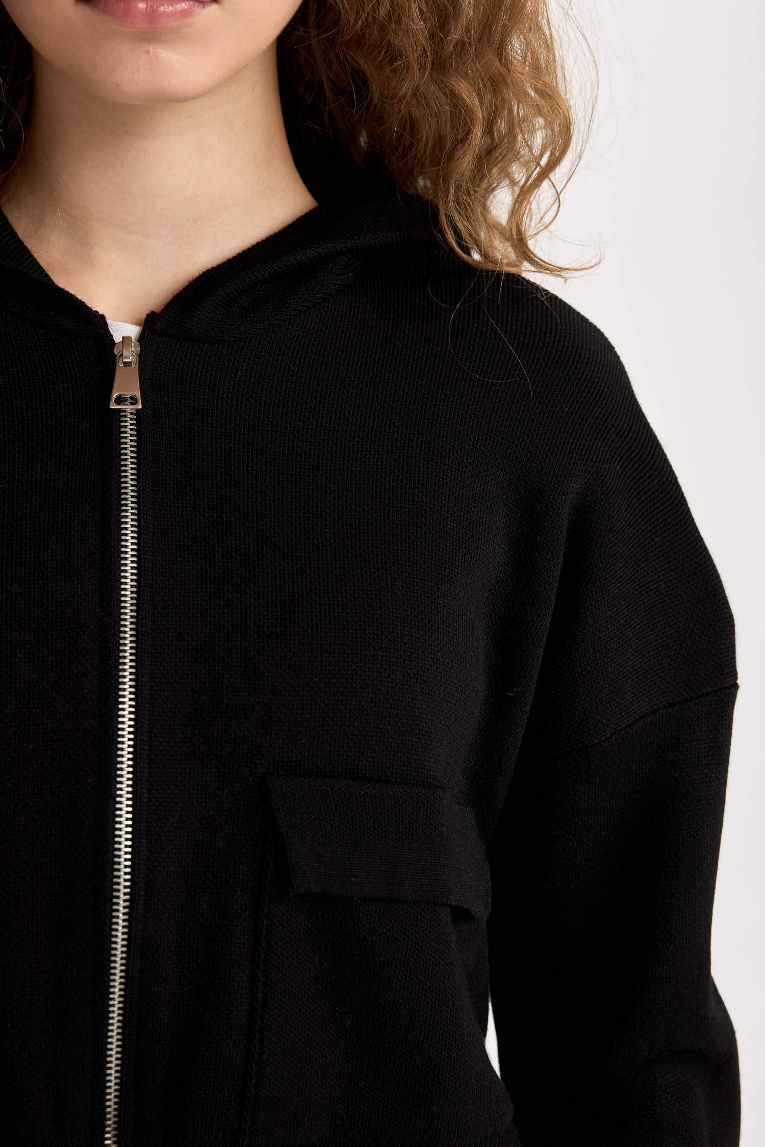 Regular Fit Kapüşonlu Basic Düz Fermuarlı Triko Hırka