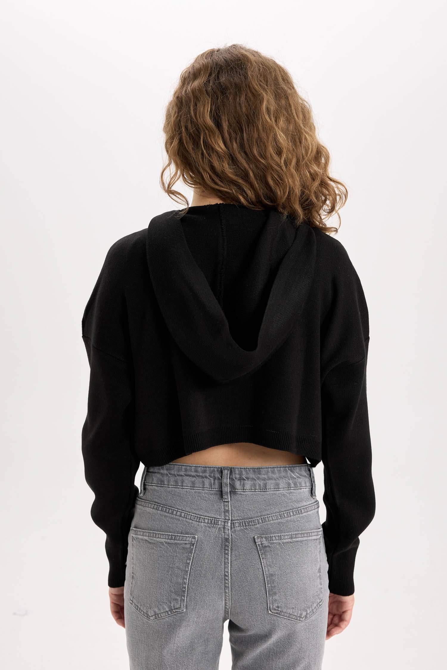 Regular Fit Kapüşonlu Basic Düz Fermuarlı Triko Hırka