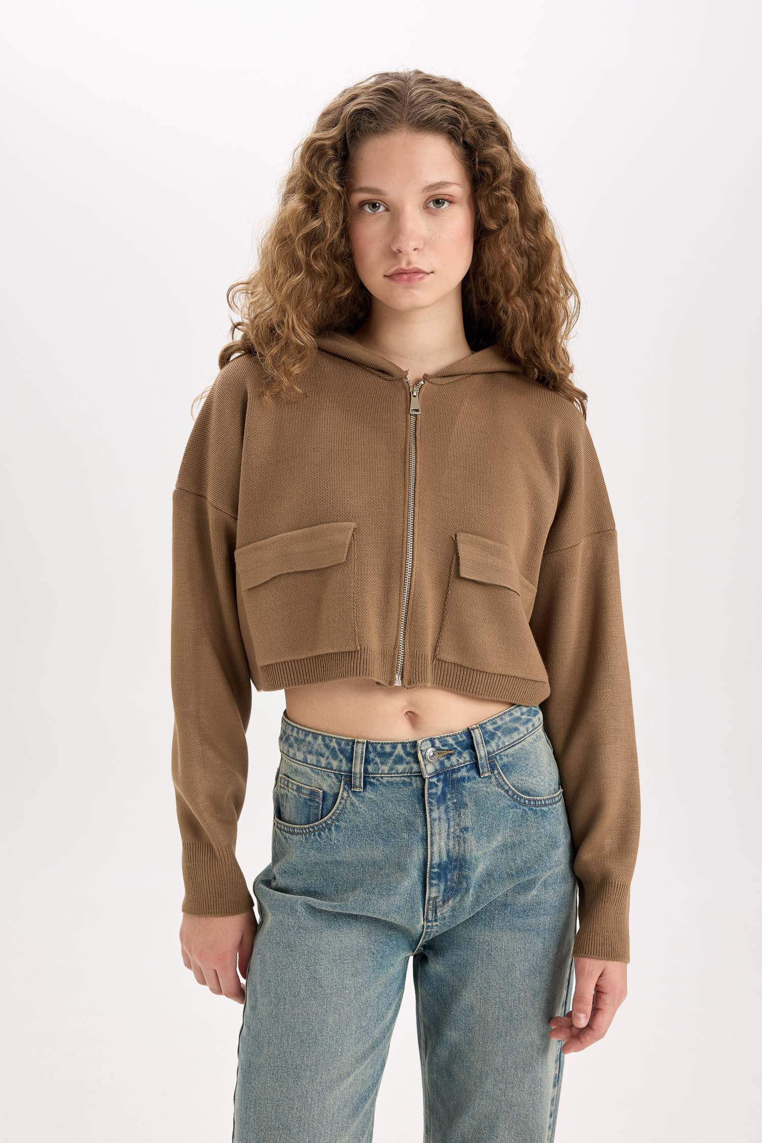 Regular Fit Kapüşonlu Basic Düz Fermuarlı Triko Hırka