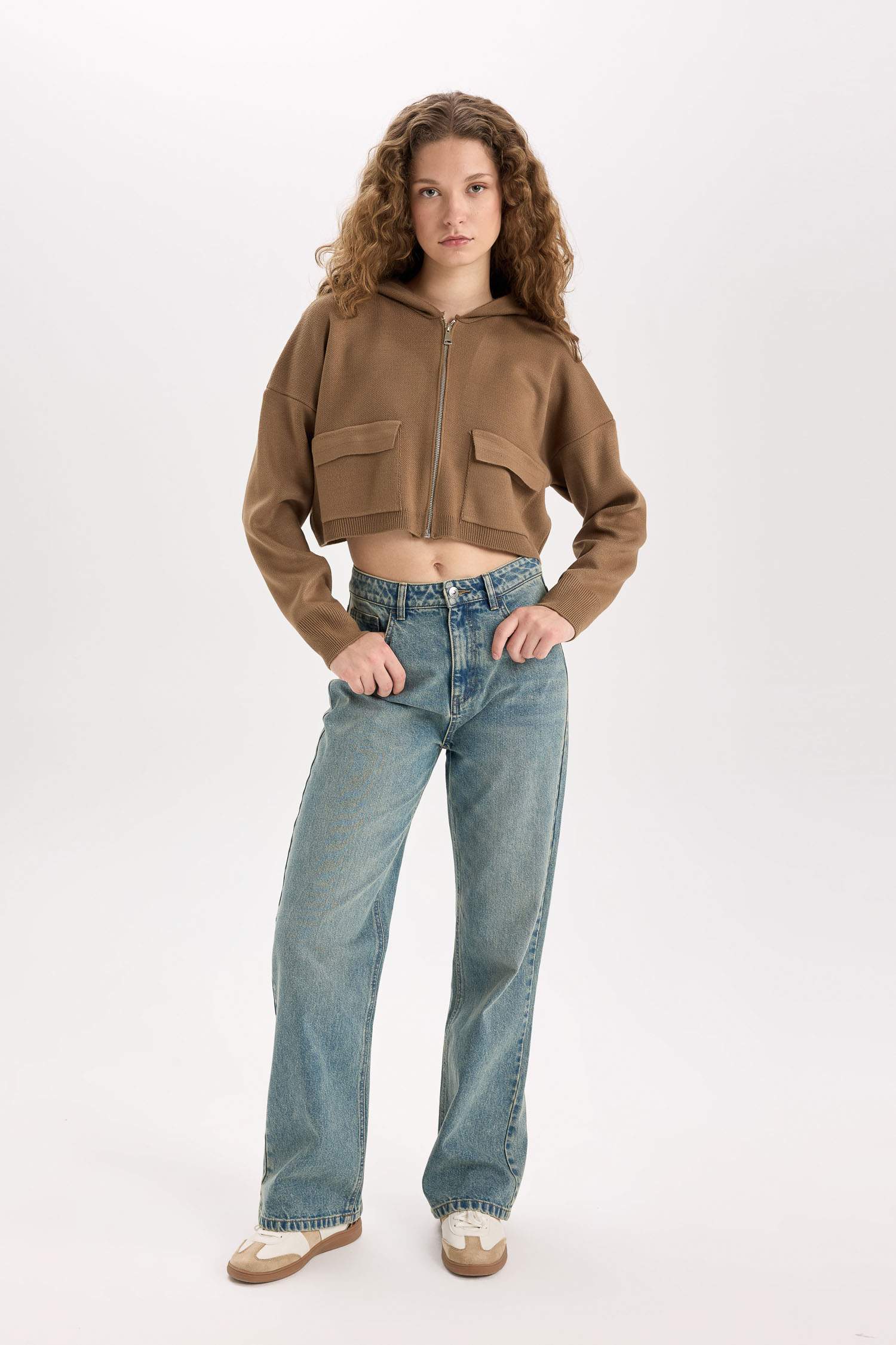 Regular Fit Kapüşonlu Basic Düz Fermuarlı Triko Hırka