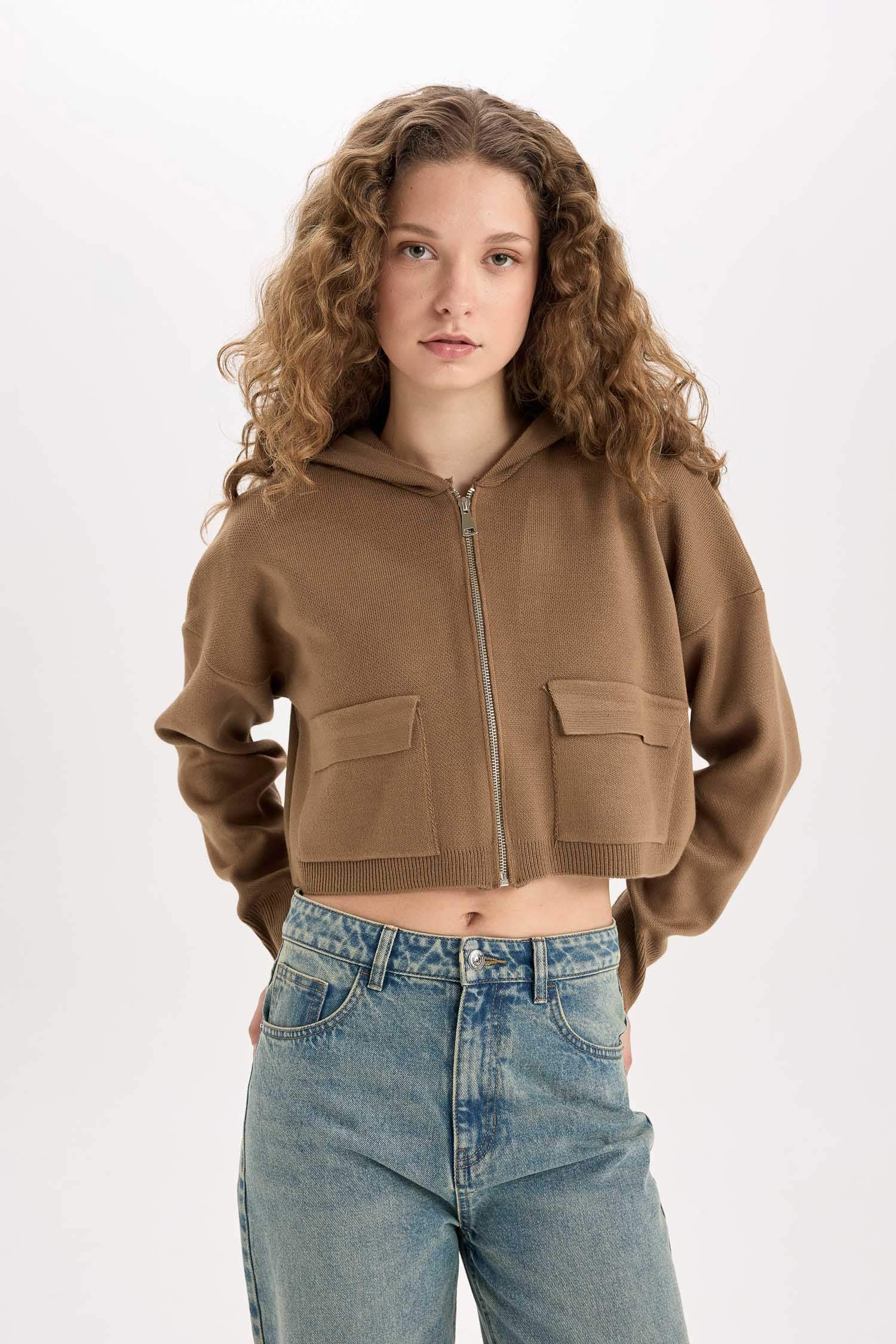 Regular Fit Kapüşonlu Basic Düz Fermuarlı Triko Hırka