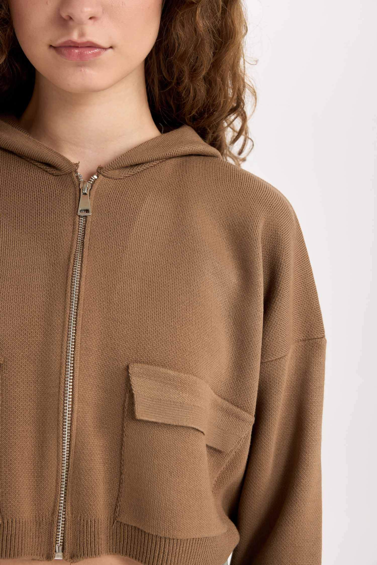 Regular Fit Kapüşonlu Basic Düz Fermuarlı Triko Hırka