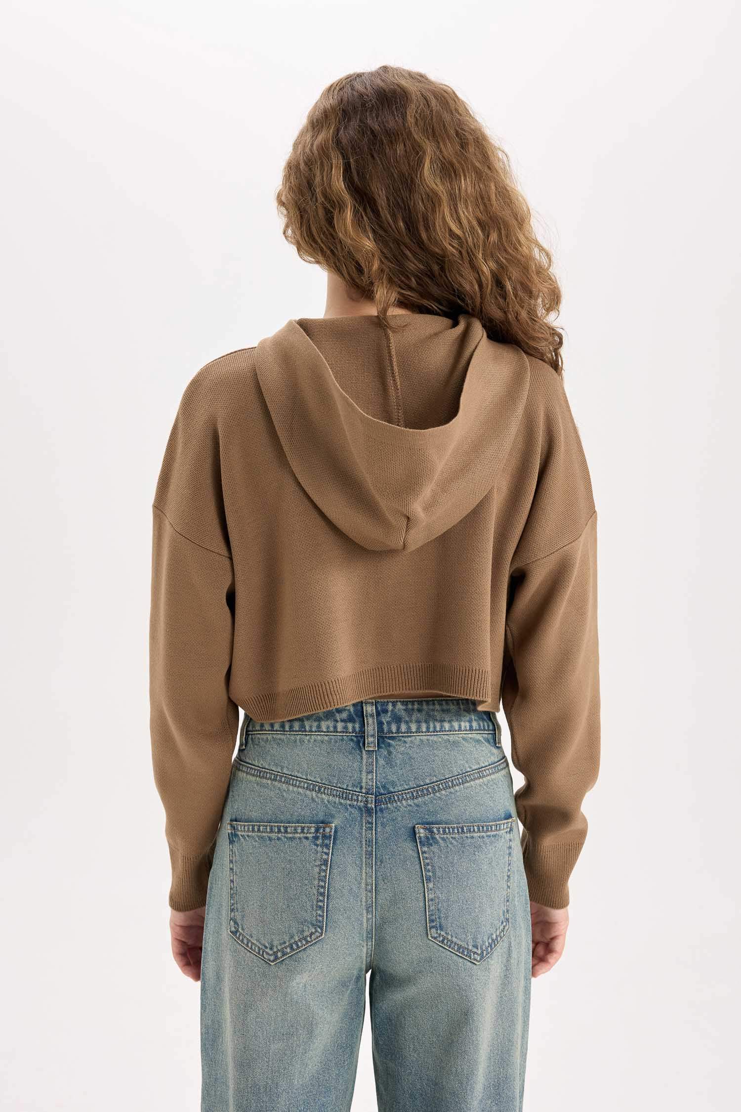 Regular Fit Kapüşonlu Basic Düz Fermuarlı Triko Hırka