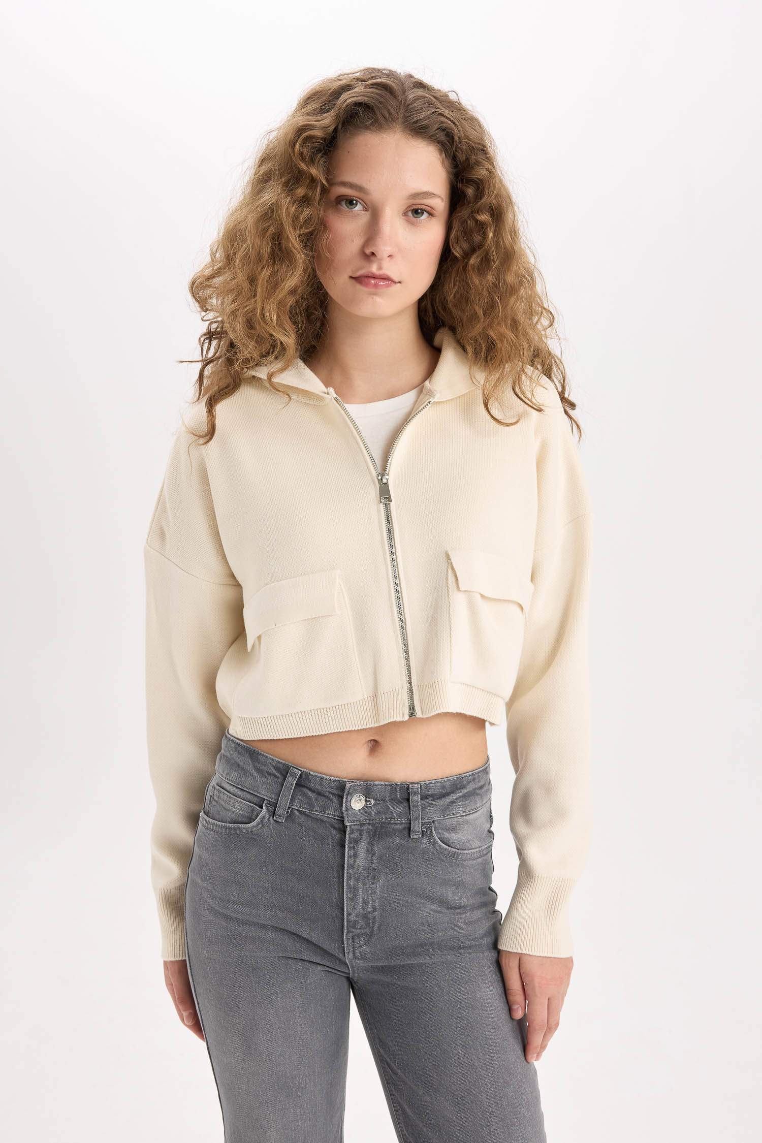 Regular Fit Kapüşonlu Basic Düz Fermuarlı Triko Hırka