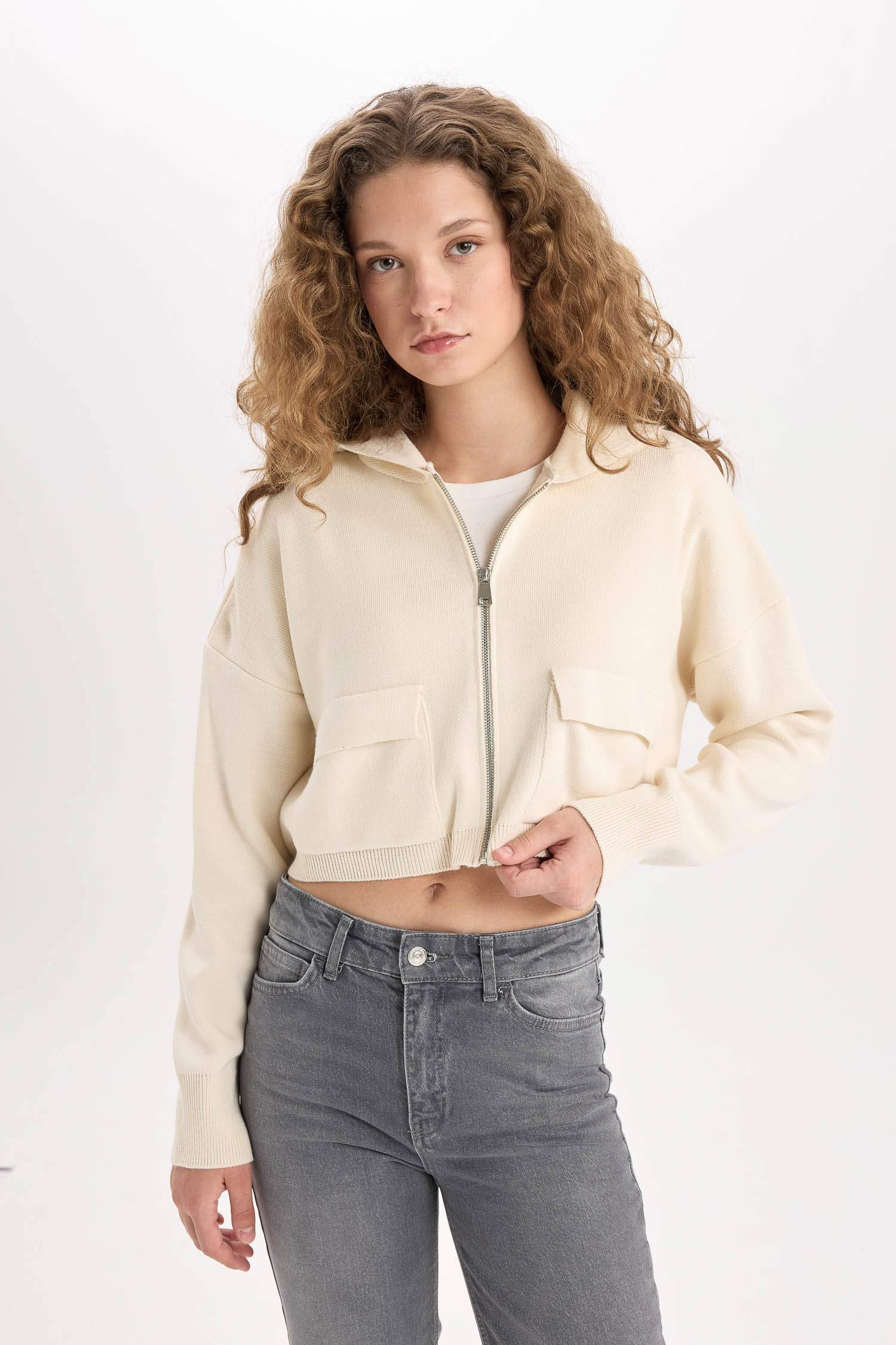 Regular Fit Kapüşonlu Basic Düz Fermuarlı Triko Hırka