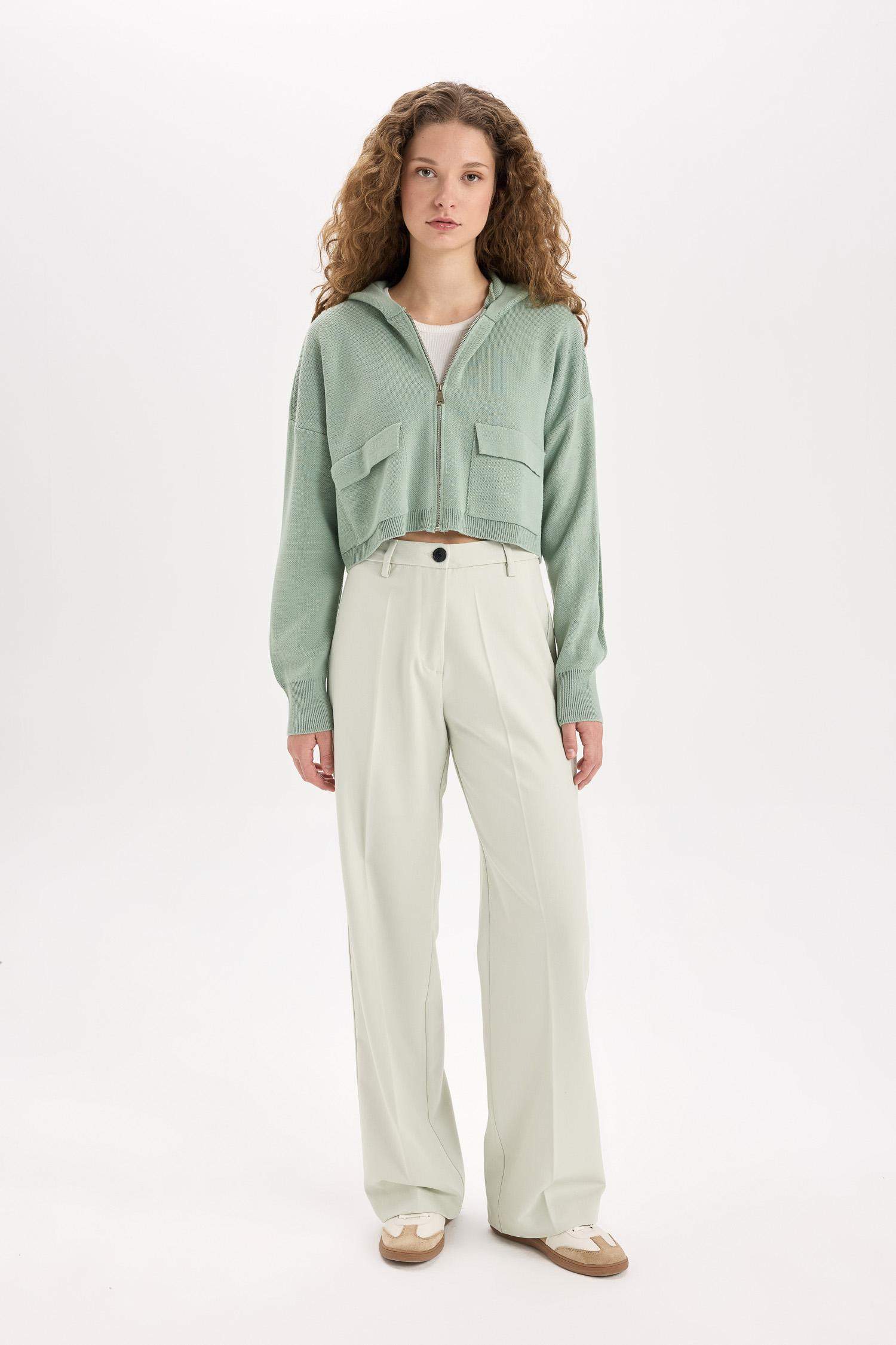 Regular Fit Kapüşonlu Basic Düz Fermuarlı Triko Hırka