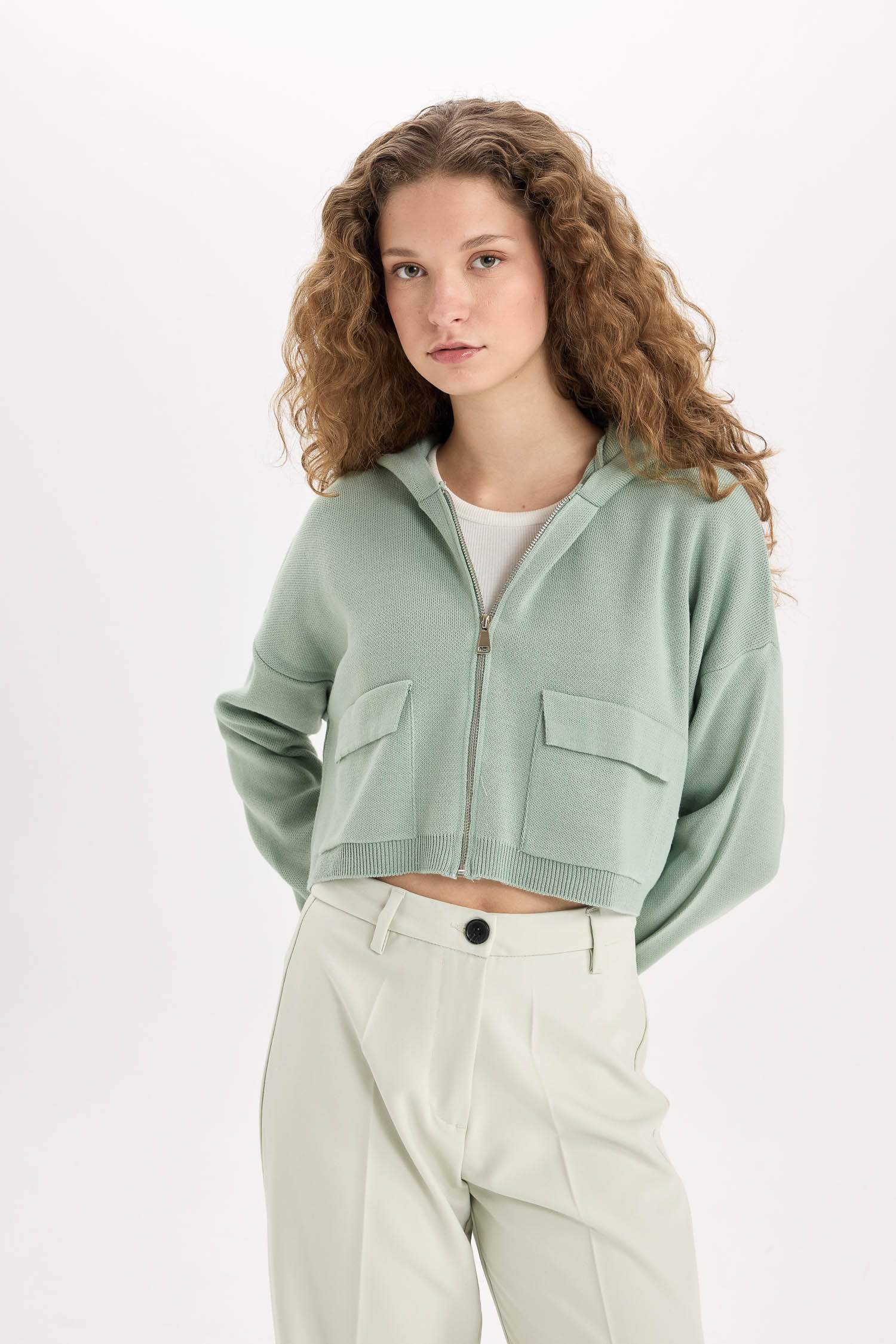 Regular Fit Kapüşonlu Basic Düz Fermuarlı Triko Hırka