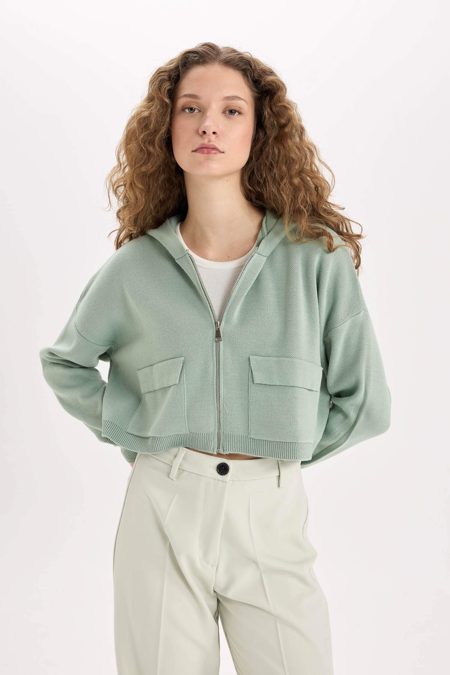 Regular Fit Kapüşonlu Basic Düz Fermuarlı Triko Hırka