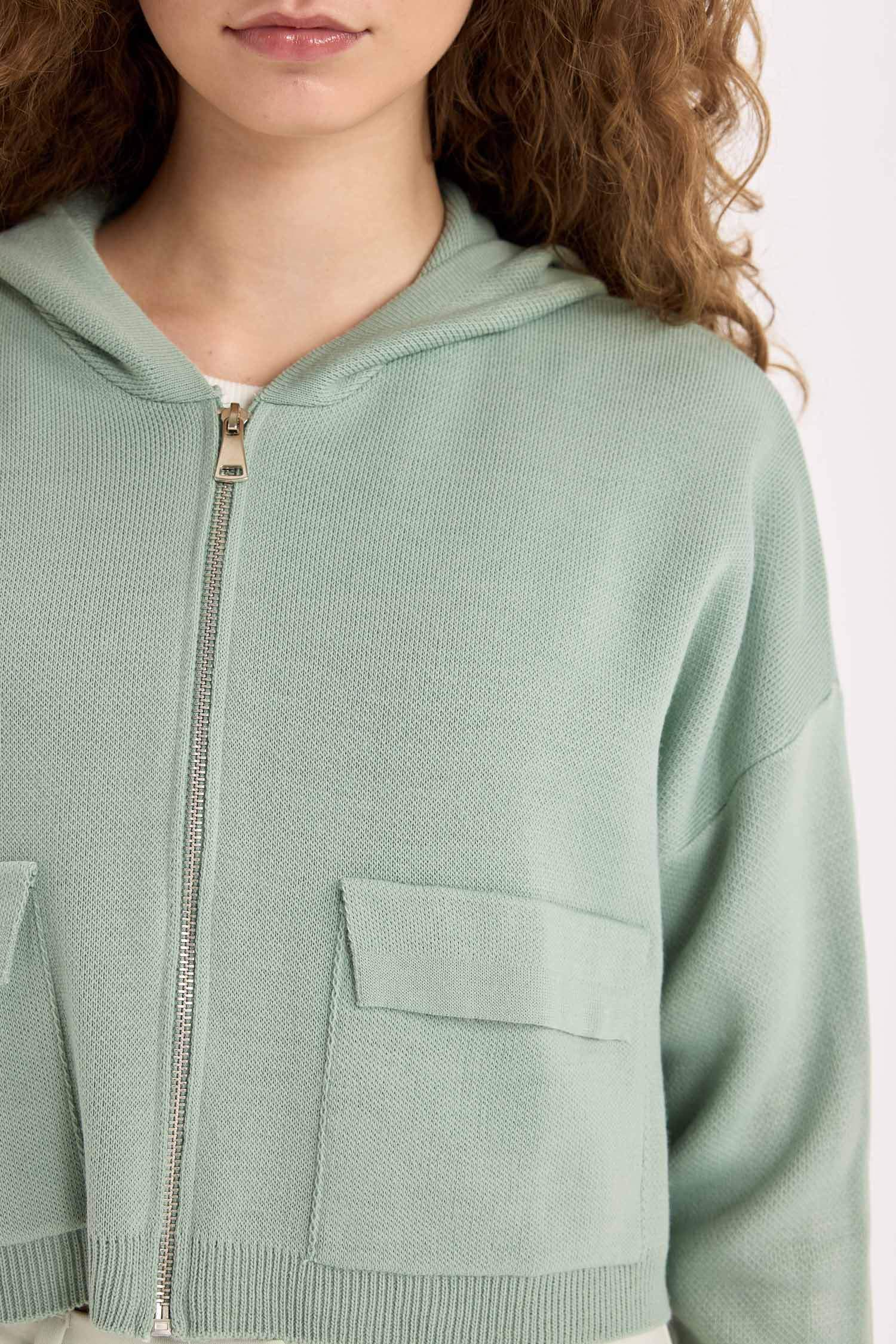 Regular Fit Kapüşonlu Basic Düz Fermuarlı Triko Hırka