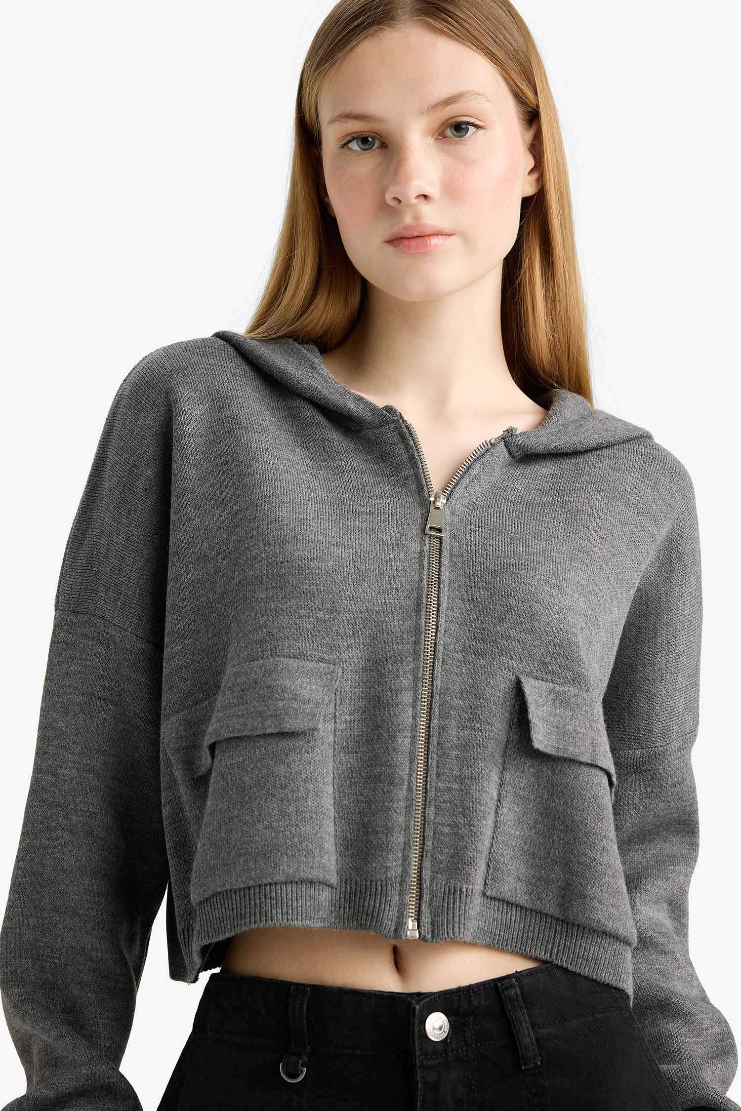 Regular Fit Kapüşonlu Basic Düz Fermuarlı Triko Hırka