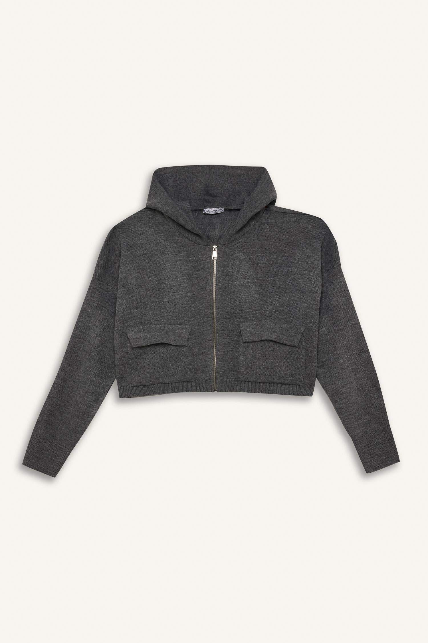 Regular Fit Kapüşonlu Basic Düz Fermuarlı Triko Hırka