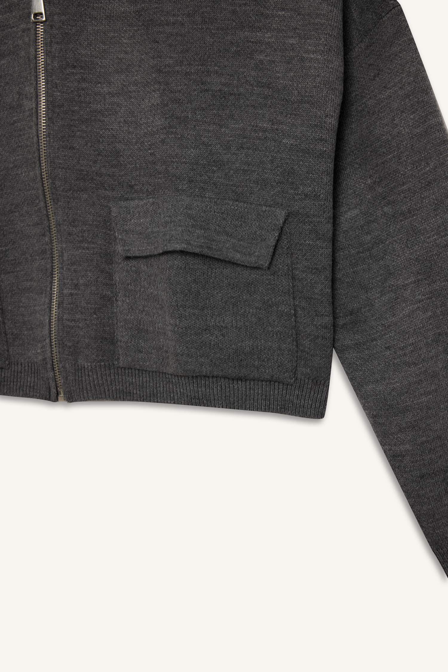 Regular Fit Kapüşonlu Basic Düz Fermuarlı Triko Hırka