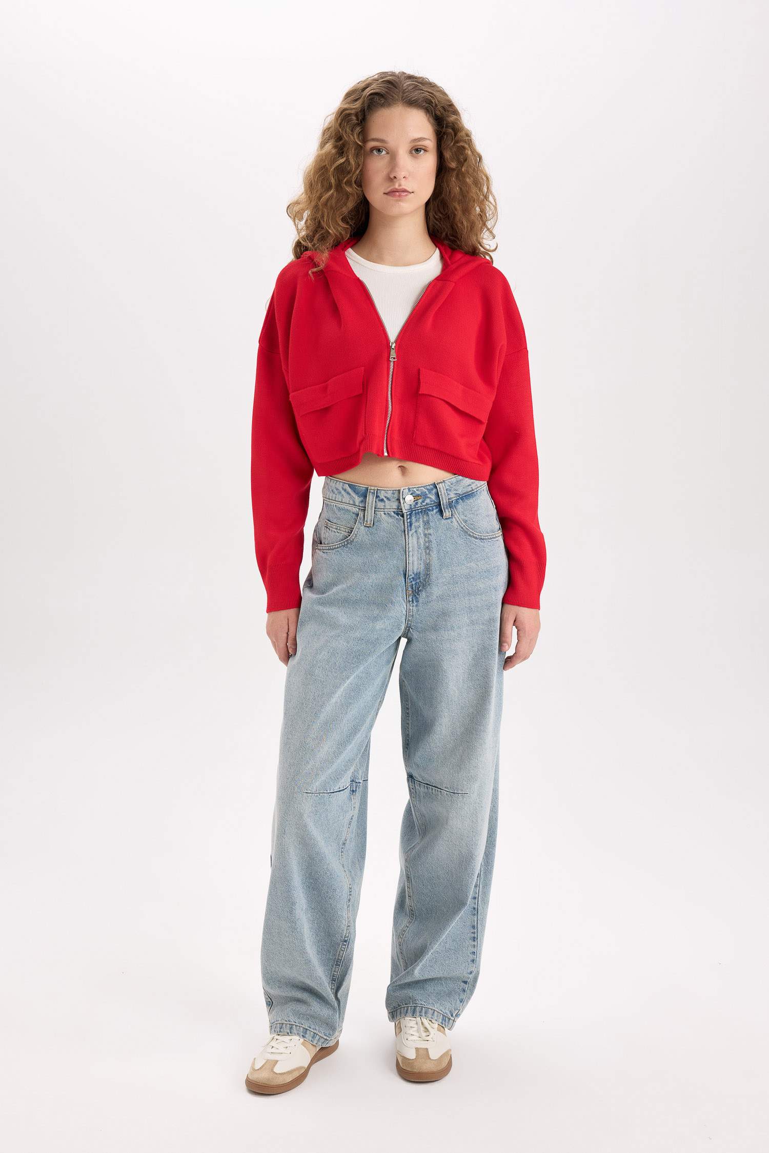 Regular Fit Kapüşonlu Basic Düz Fermuarlı Triko Hırka