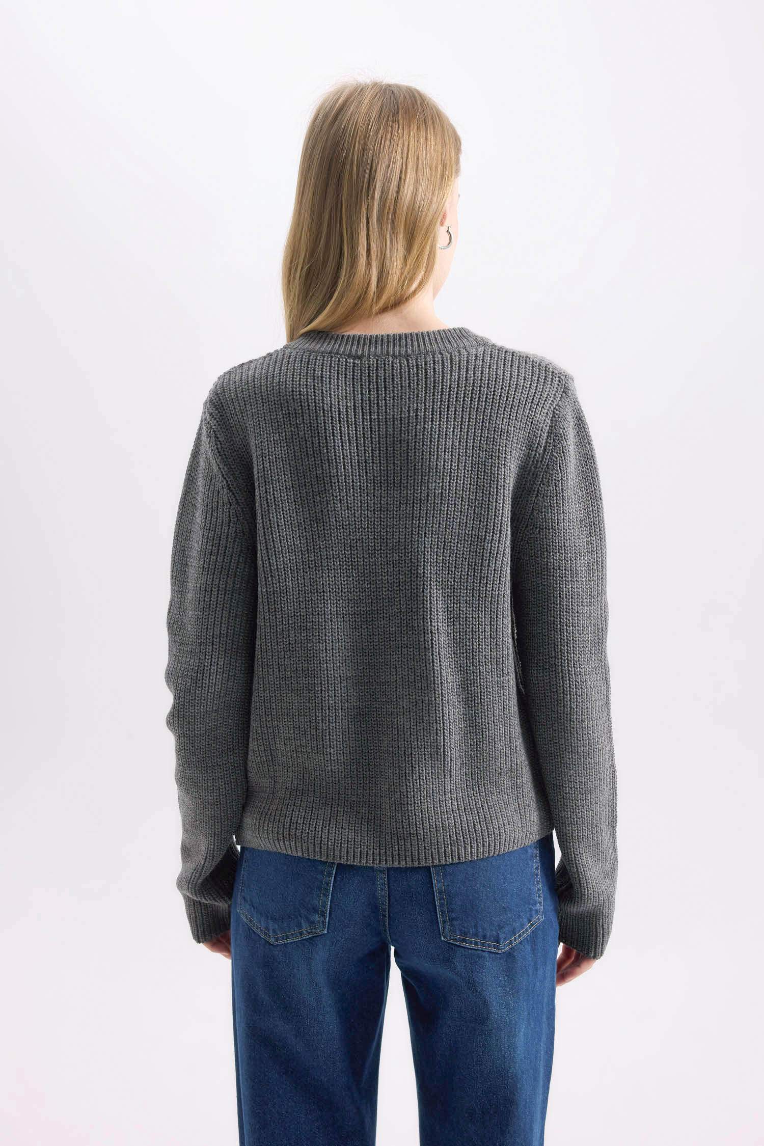 Regular Fit Bisiklet Yaka Bağlamalı Triko Hırka