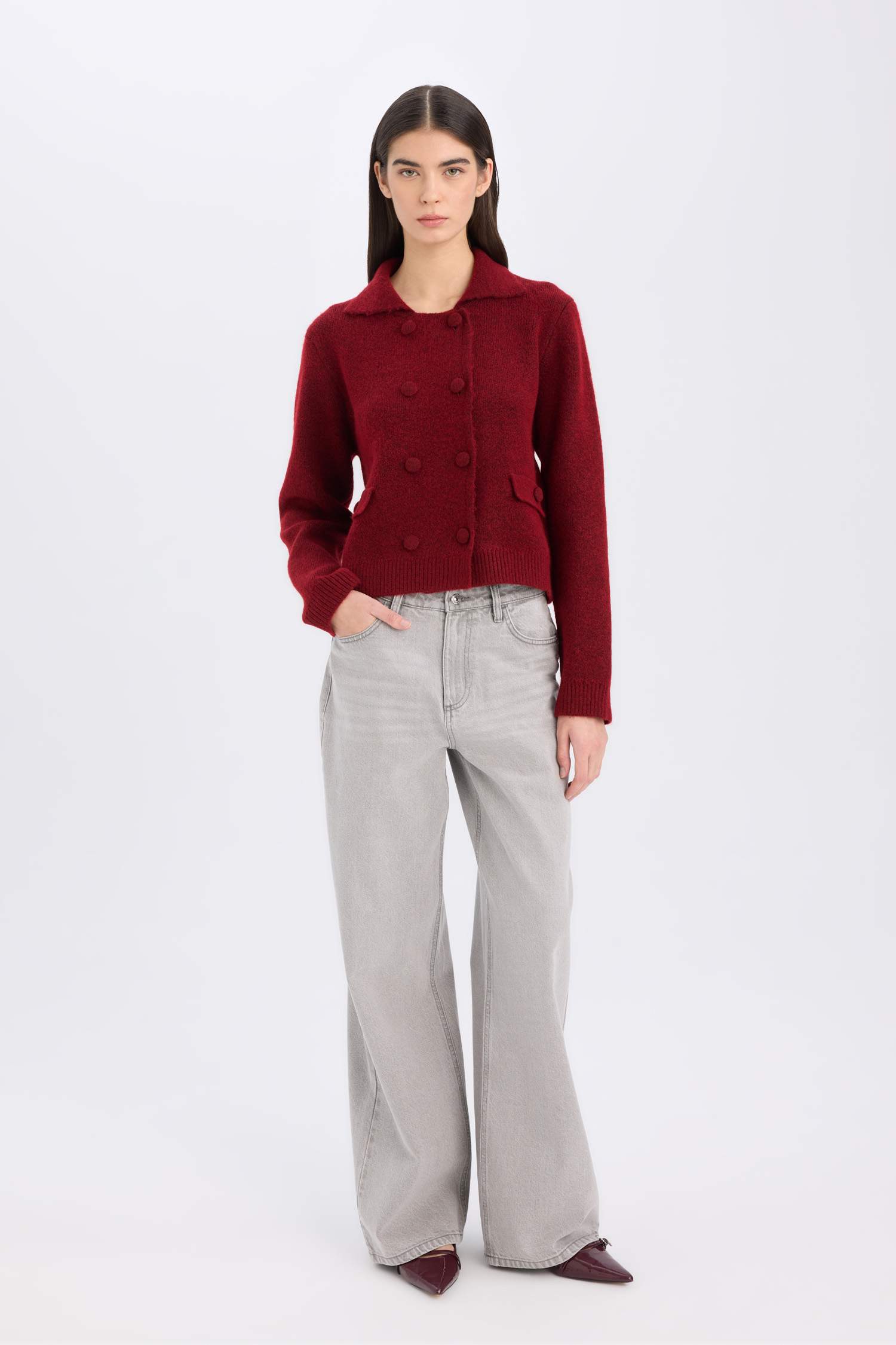 Pull Cardigan basique en tricot à col polo et boutons Coupe régulière