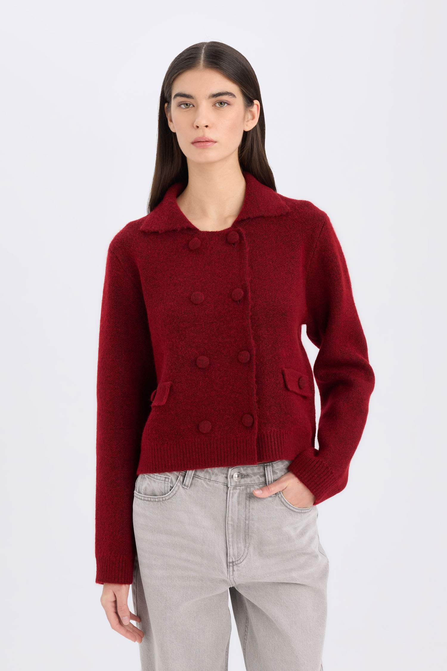Pull Cardigan basique en tricot à col polo et boutons Coupe régulière