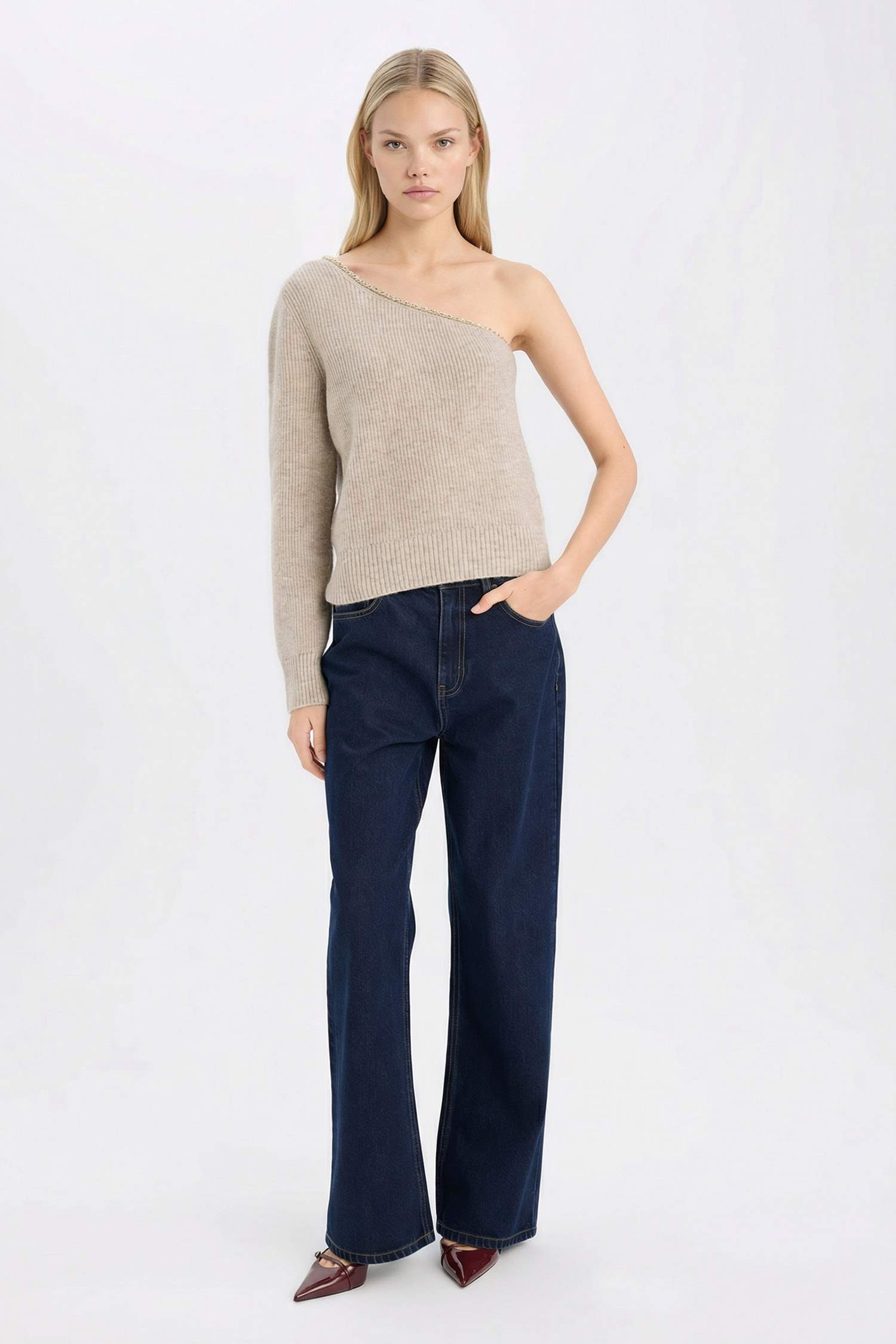 Regular Fit Tek Omuzlu Basic Düz Triko Kazak