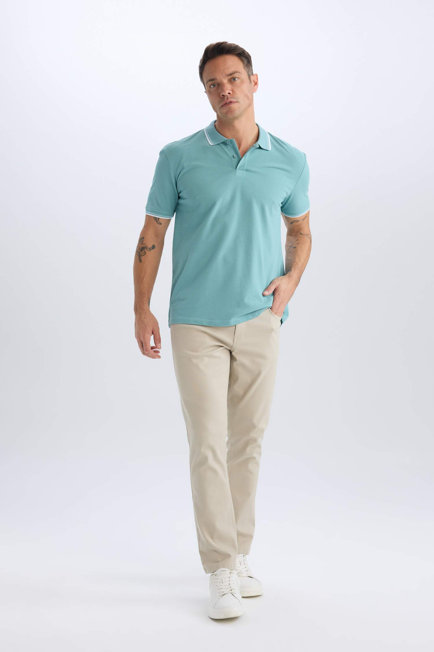 %100 Pamuk Regular Fit Polo Yaka Basic Düz Kısa Kollu Tişört