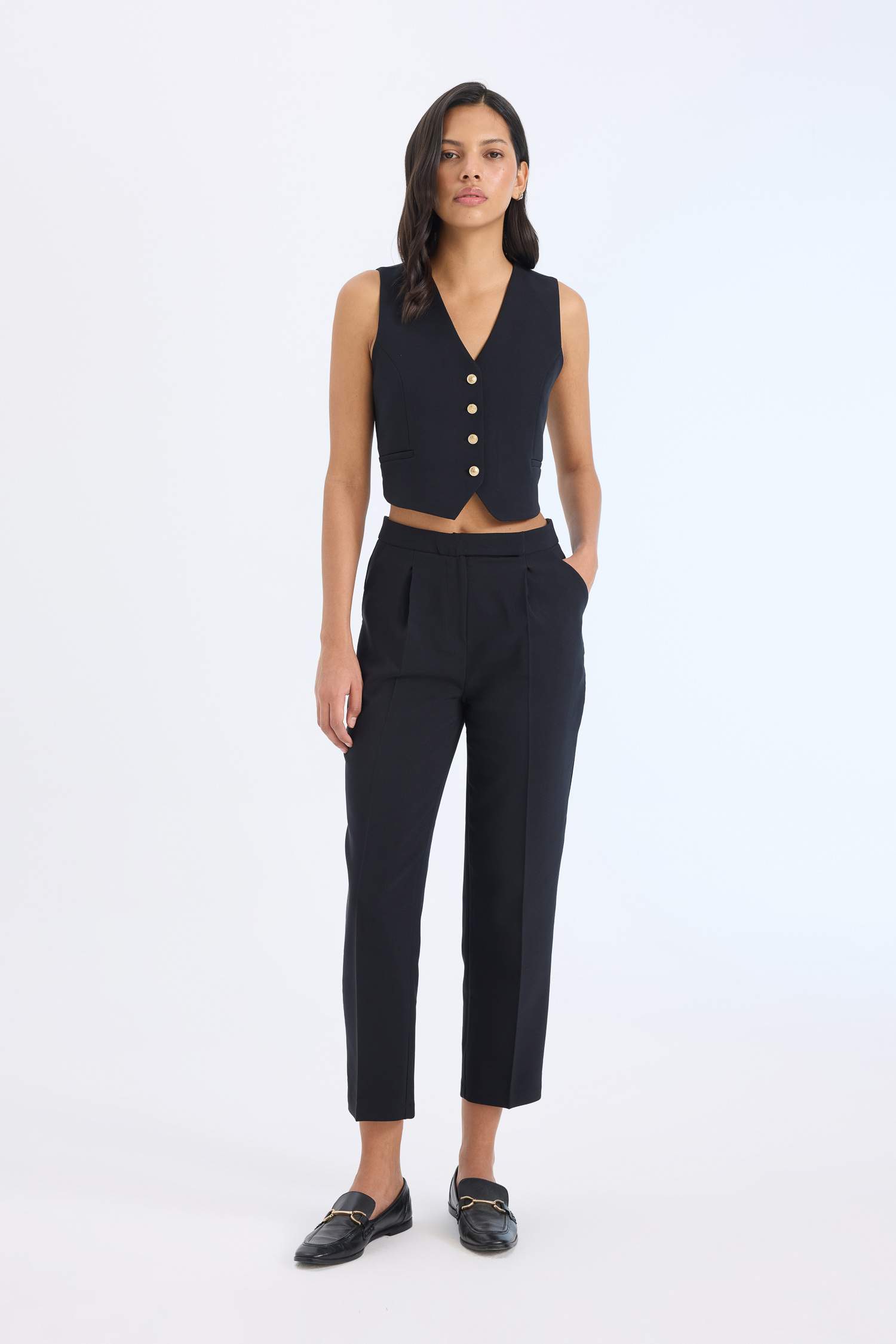 2'li Takım Blazer Yelek Tapered Fit Yüksek Bel Kumaş Pantolon