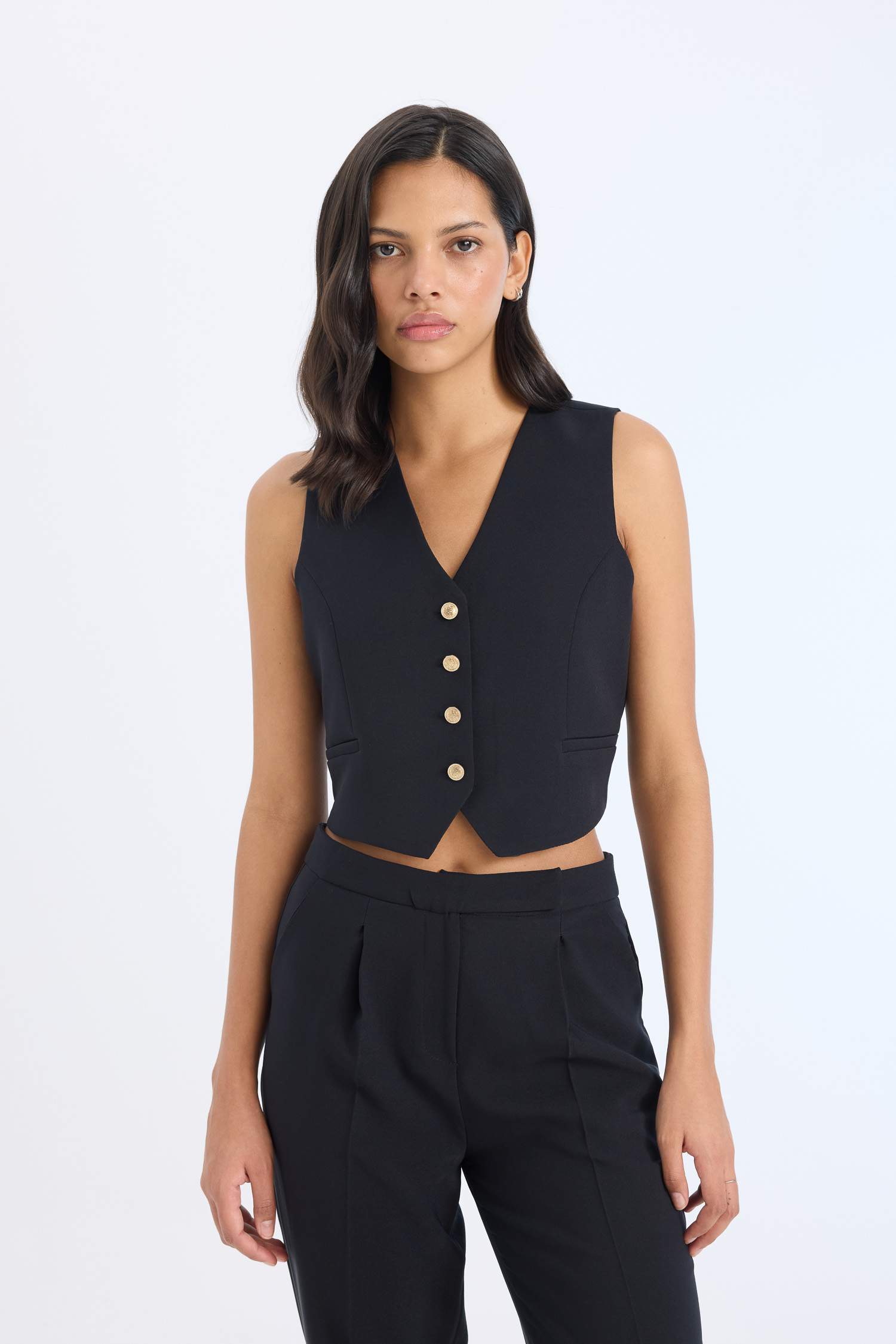 2'li Takım Blazer Yelek Tapered Fit Yüksek Bel Kumaş Pantolon