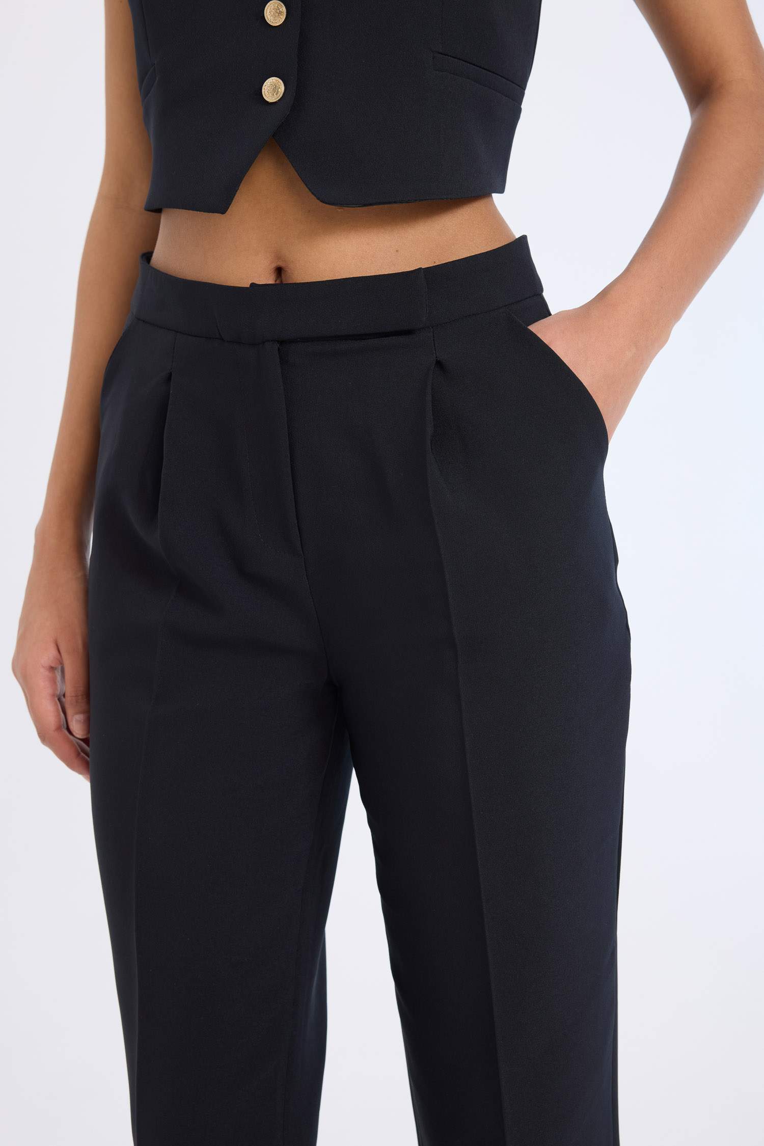 2'li Takım Blazer Yelek Tapered Fit Yüksek Bel Kumaş Pantolon