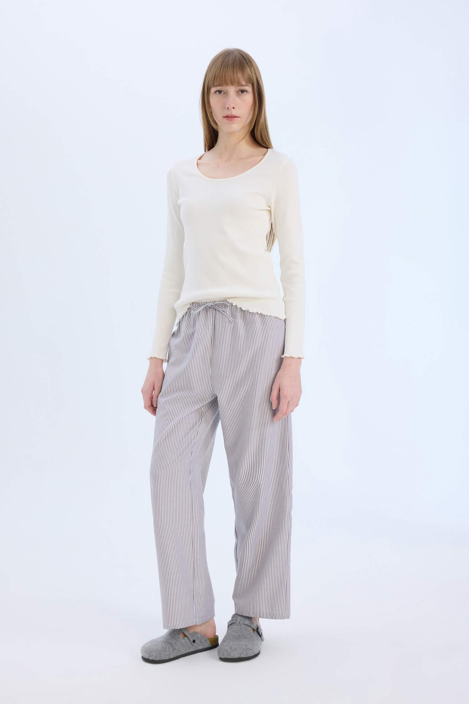 Pijama Takımı Regular Fit Poplin Uzun Kollu Üst Çizgili Uzun Alt-Fall in Love