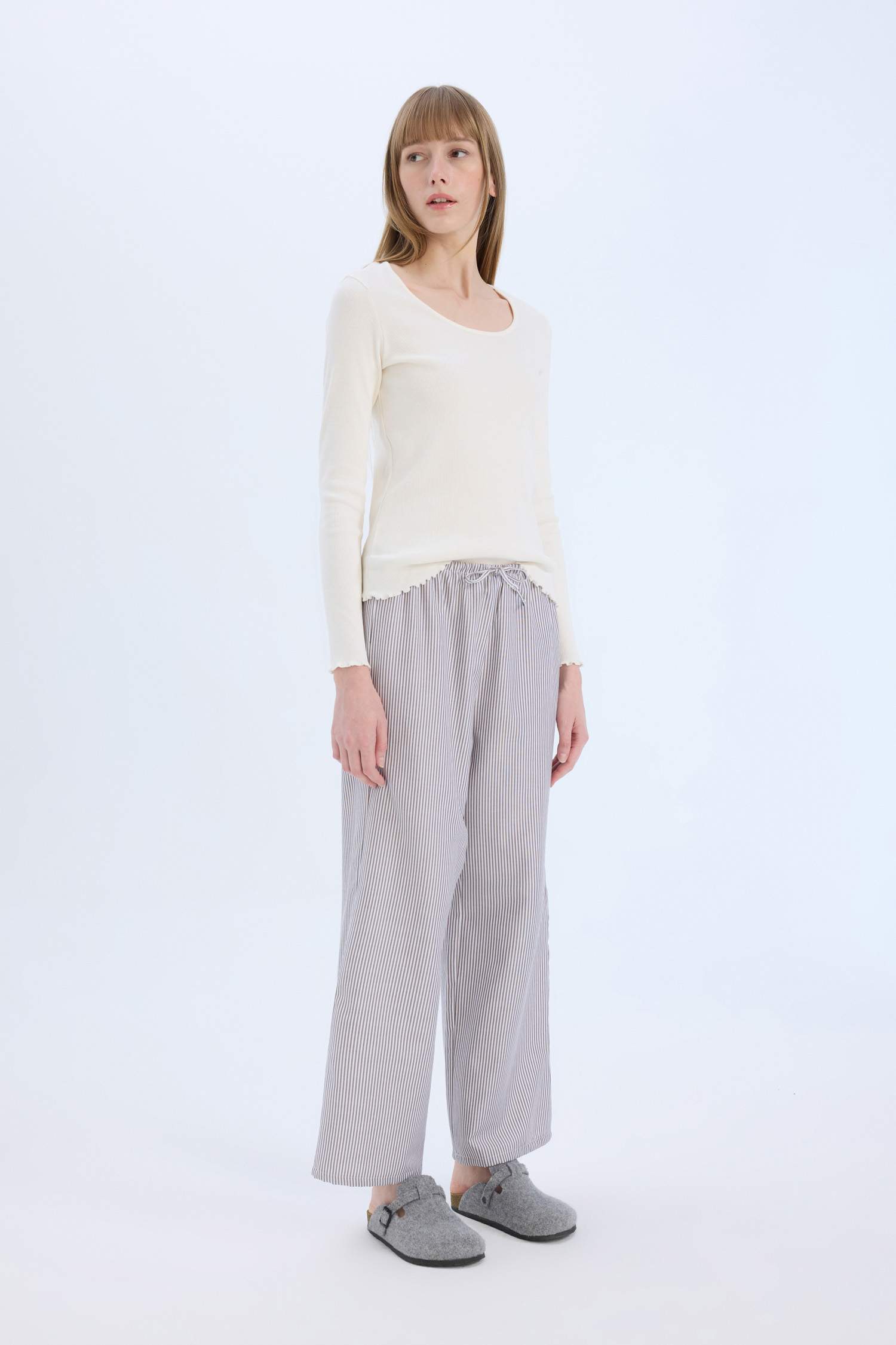 Pijama Takımı Regular Fit Poplin Uzun Kollu Üst Çizgili Uzun Alt-Fall in Love