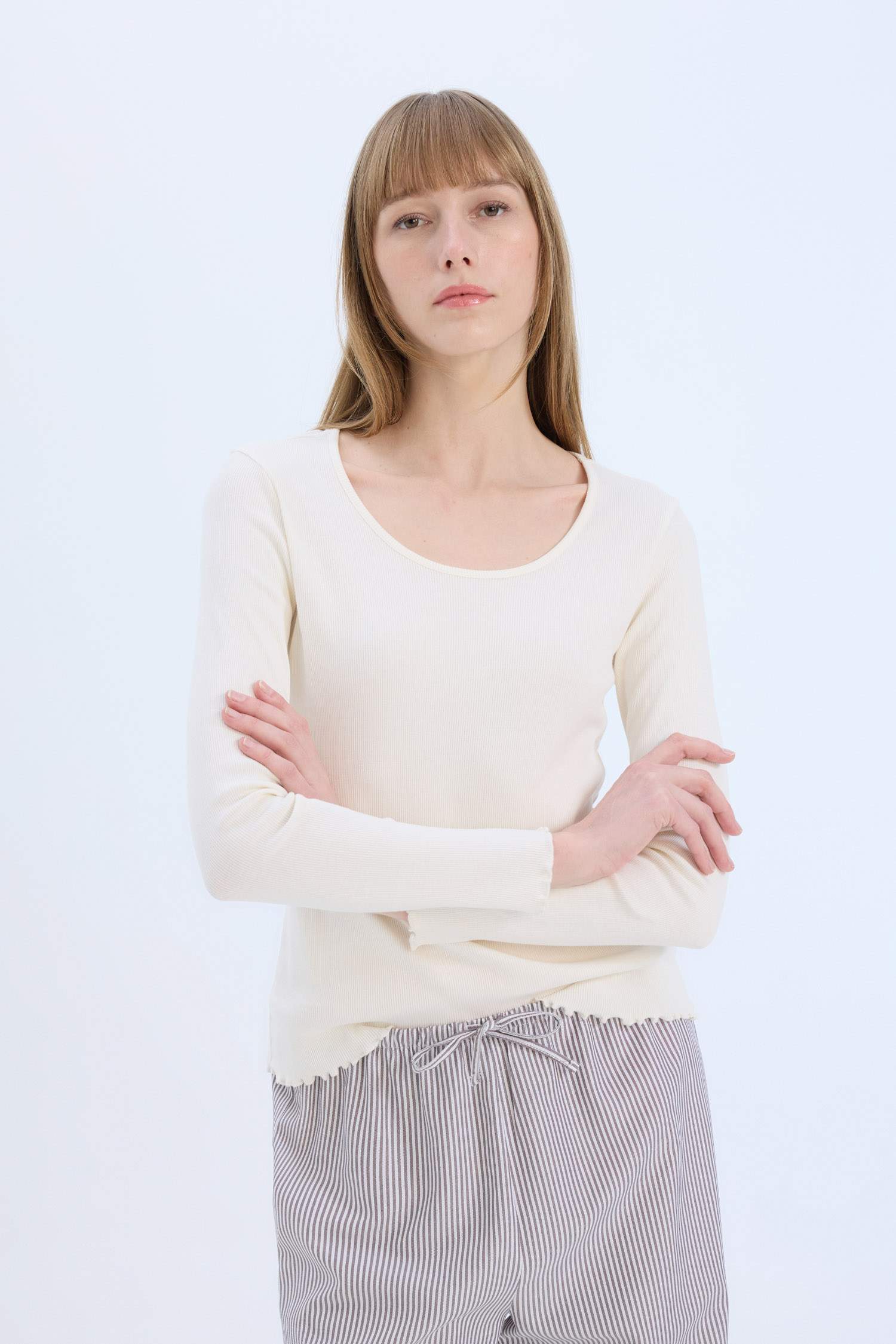 Pijama Takımı Regular Fit Poplin Uzun Kollu Üst Çizgili Uzun Alt-Fall in Love