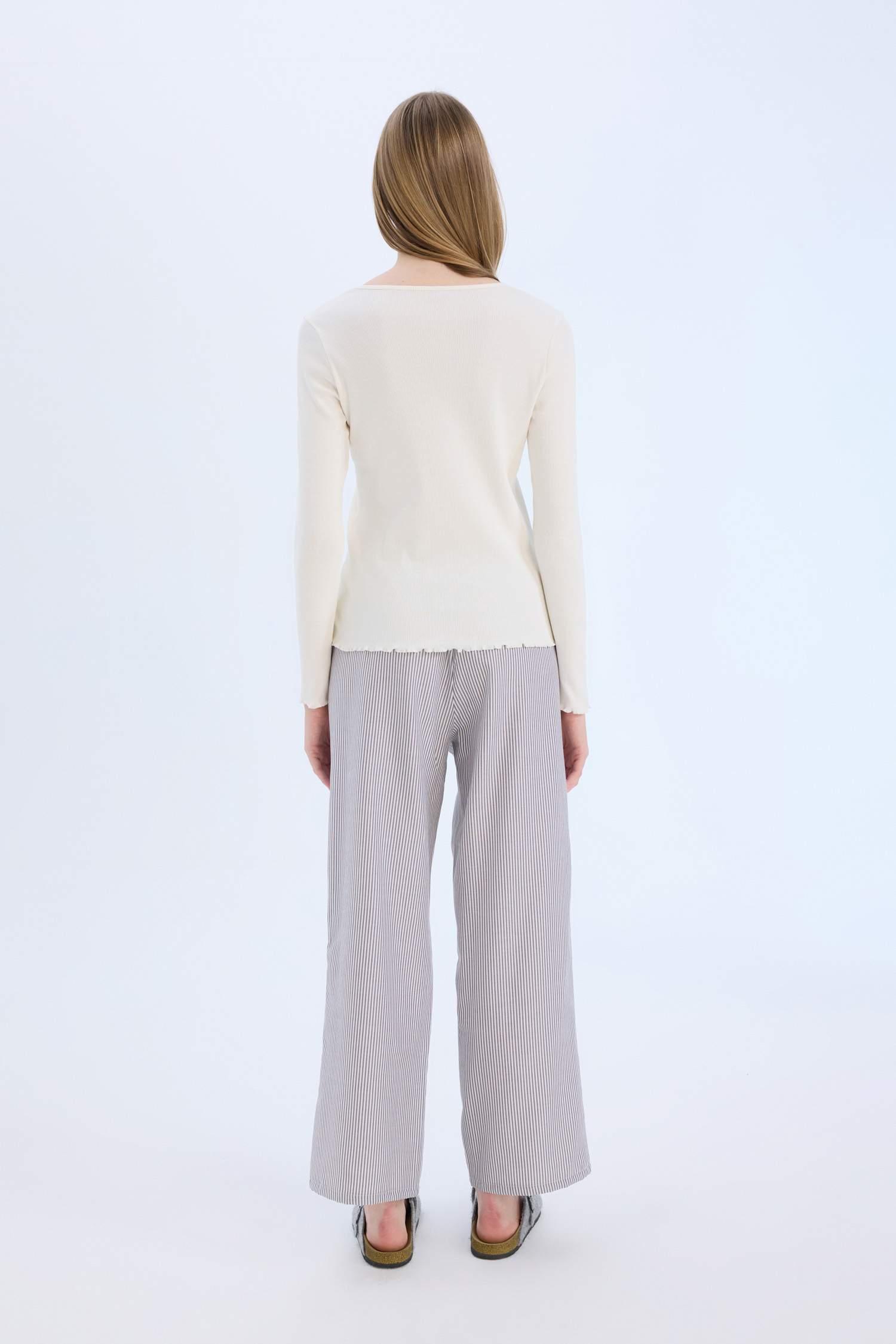 Pijama Takımı Regular Fit Poplin Uzun Kollu Üst Çizgili Uzun Alt-Fall in Love