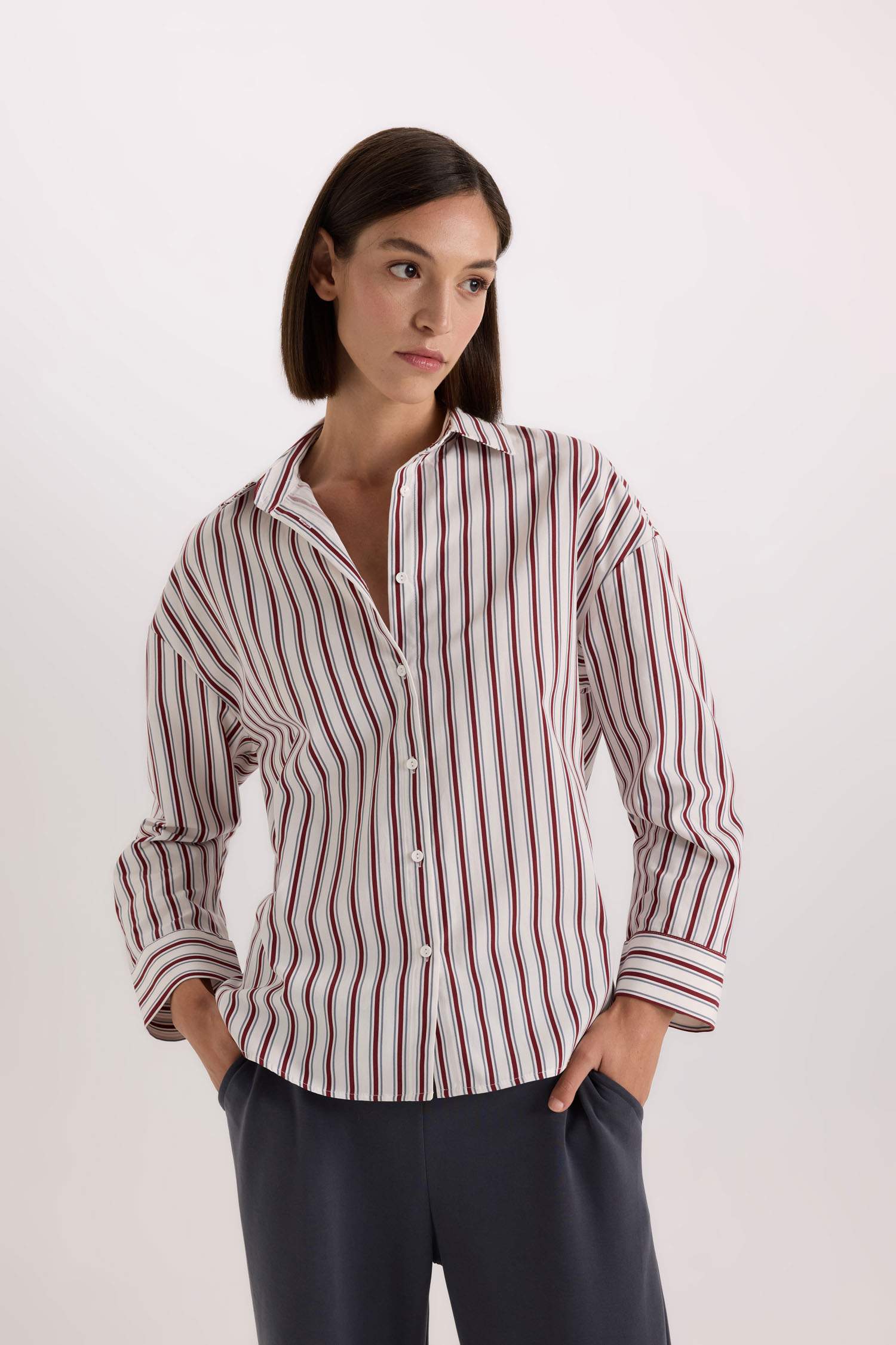 Regular Fit Pijama Yaka Çizgili Poplin Üst-Fall in Love