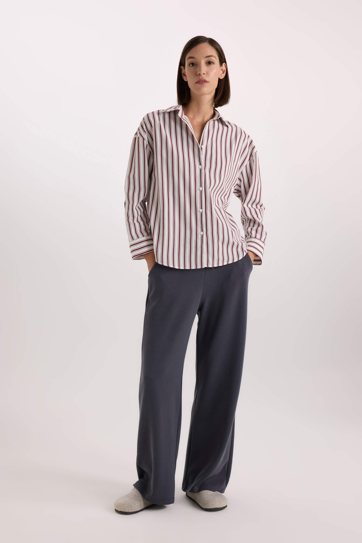 Regular Fit Pijama Yaka Çizgili Poplin Üst-Fall in Love