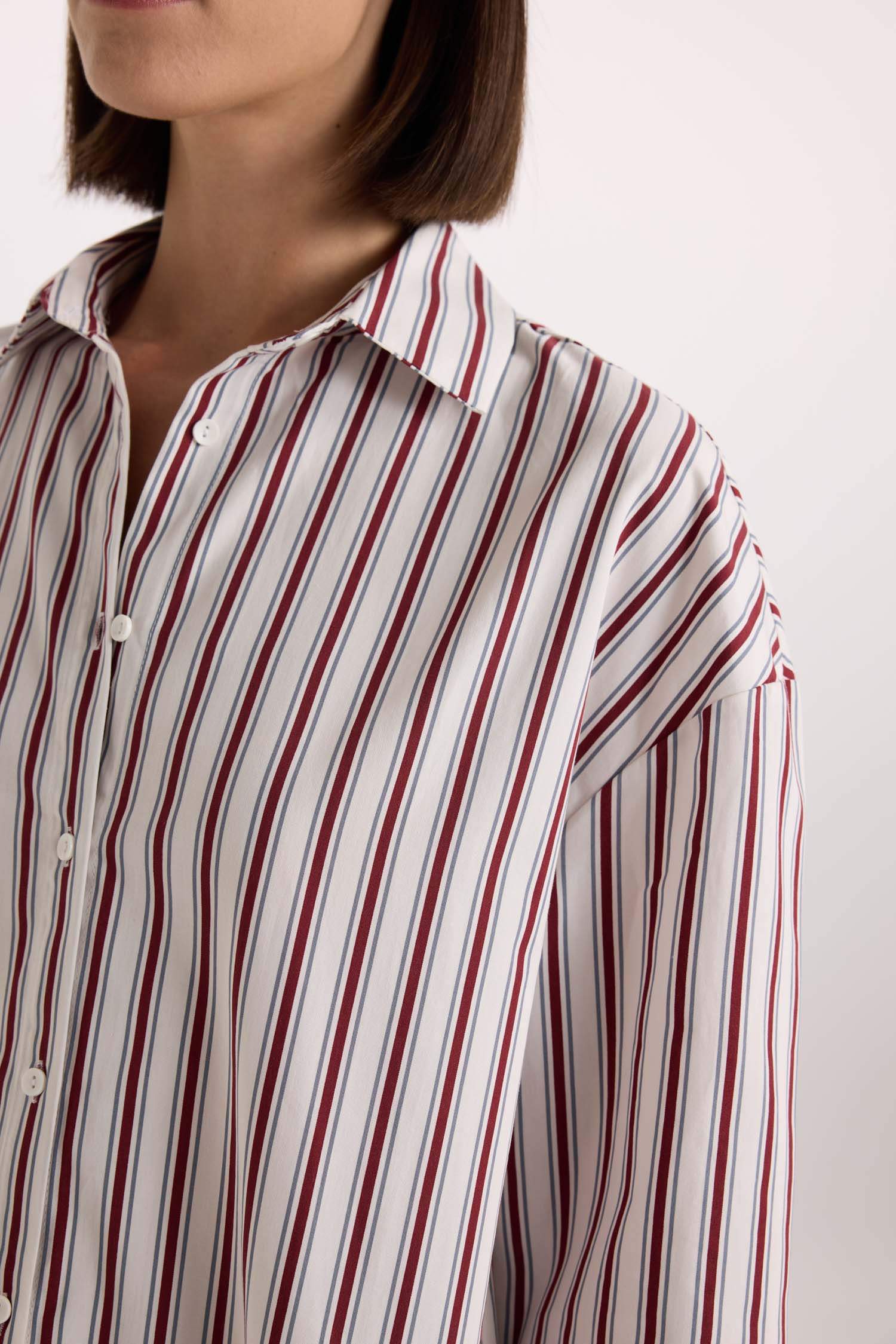 Regular Fit Pijama Yaka Çizgili Poplin Üst-Fall in Love