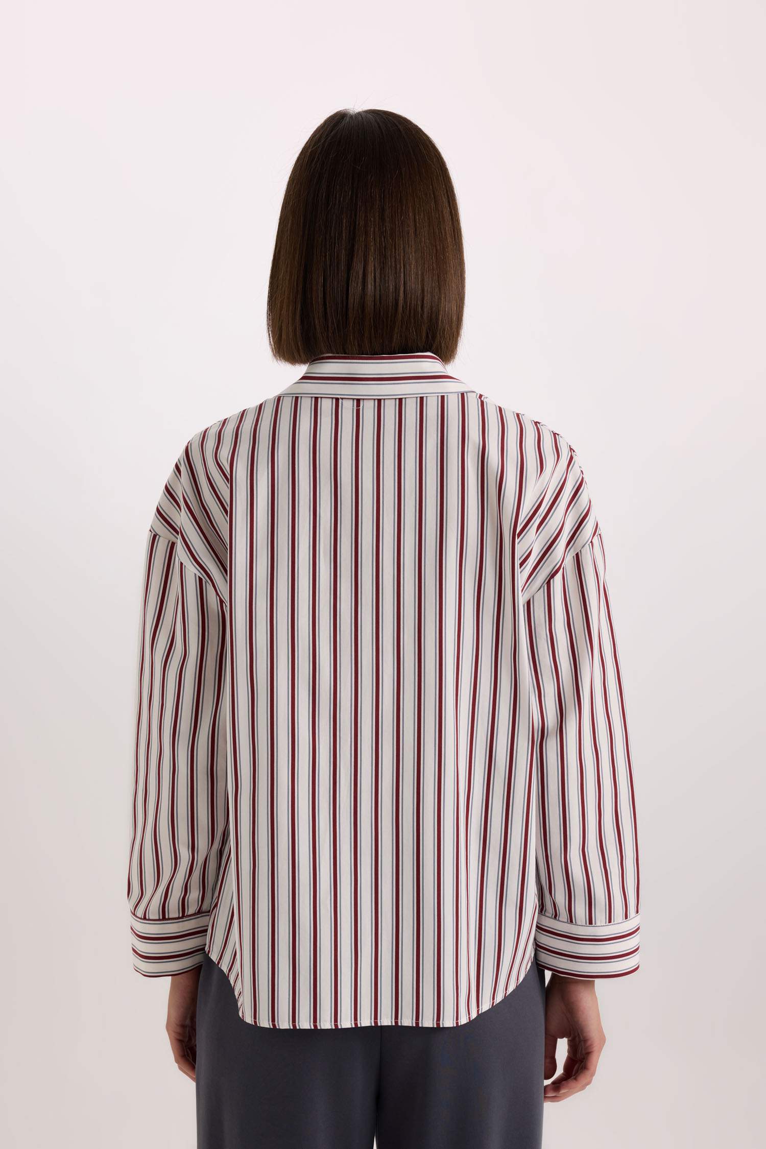 Regular Fit Pijama Yaka Çizgili Poplin Üst-Fall in Love