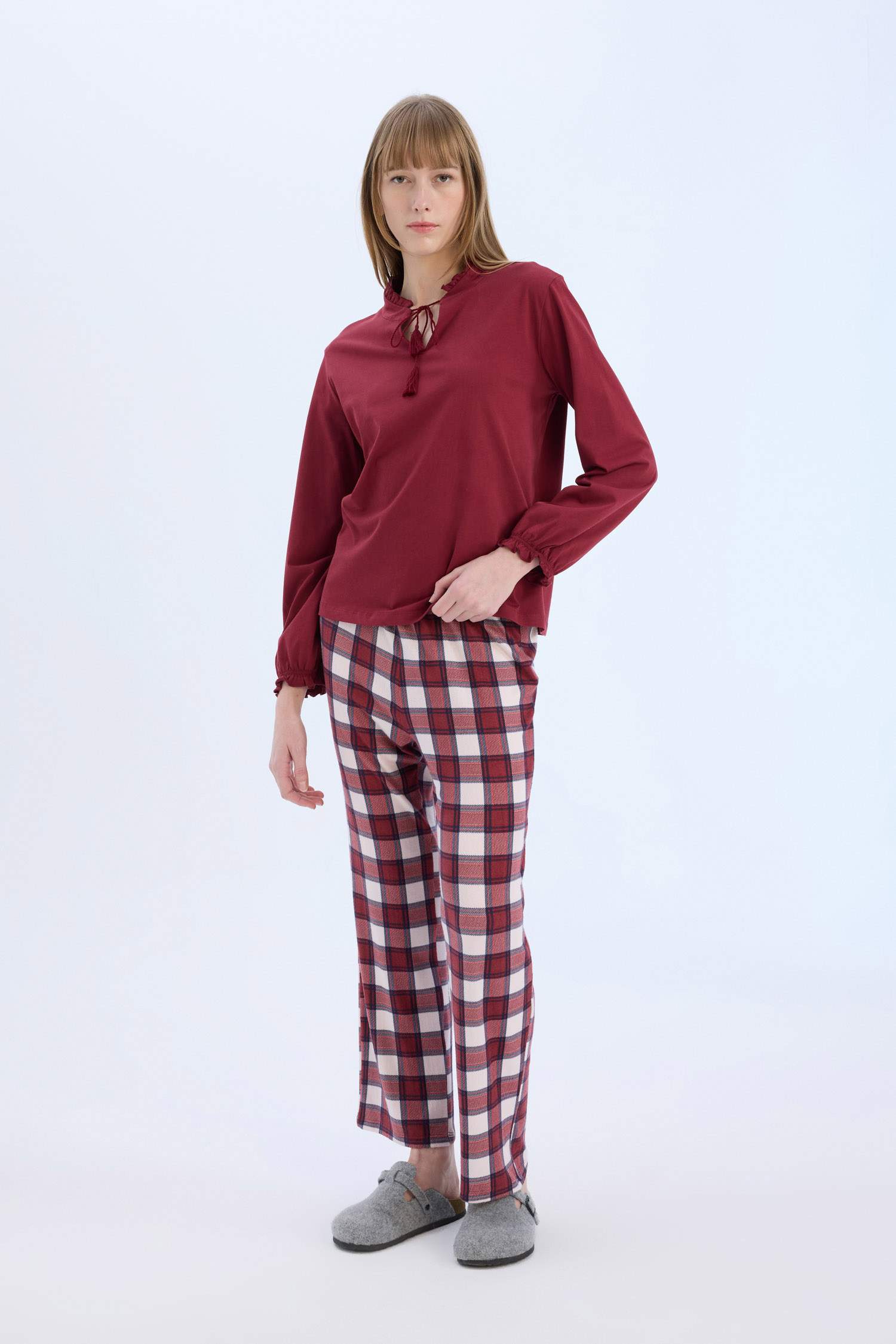 Pijama Takımı Regular Fit Uzun Kollu Üst Kareli Uzun Alt-Fall in Love