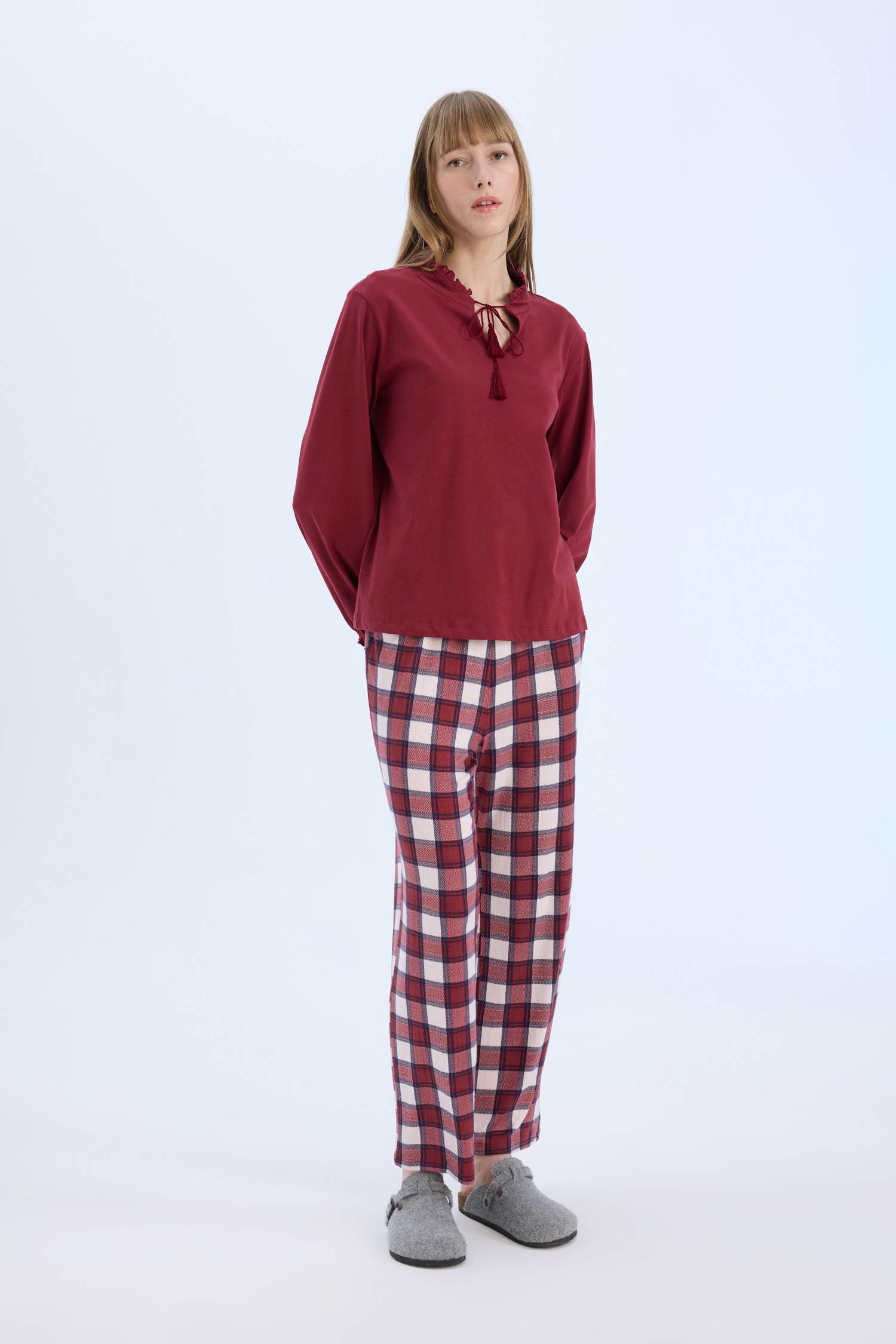 Pijama Takımı Regular Fit Uzun Kollu Üst Kareli Uzun Alt-Fall in Love