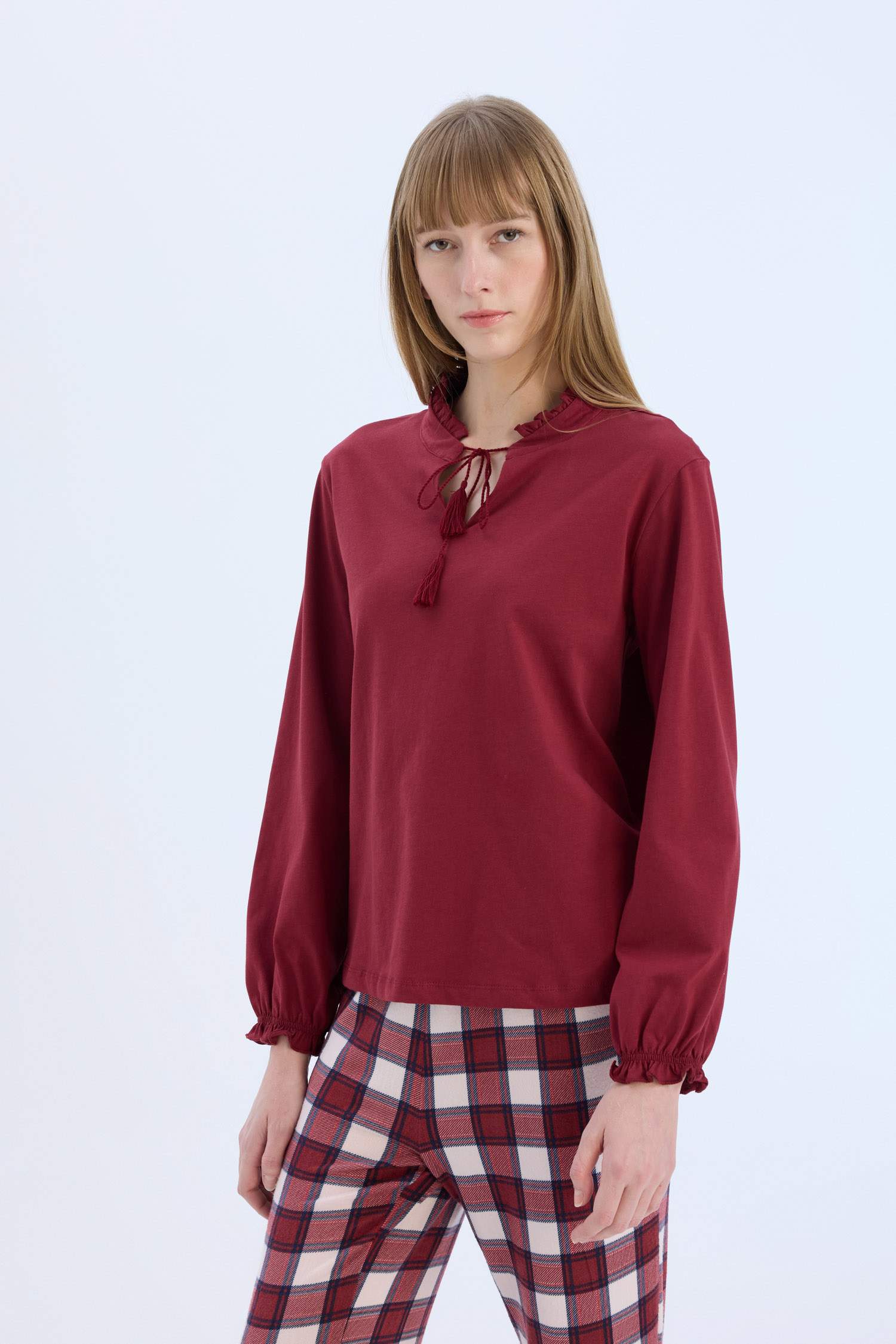 Pijama Takımı Regular Fit Uzun Kollu Üst Kareli Uzun Alt-Fall in Love