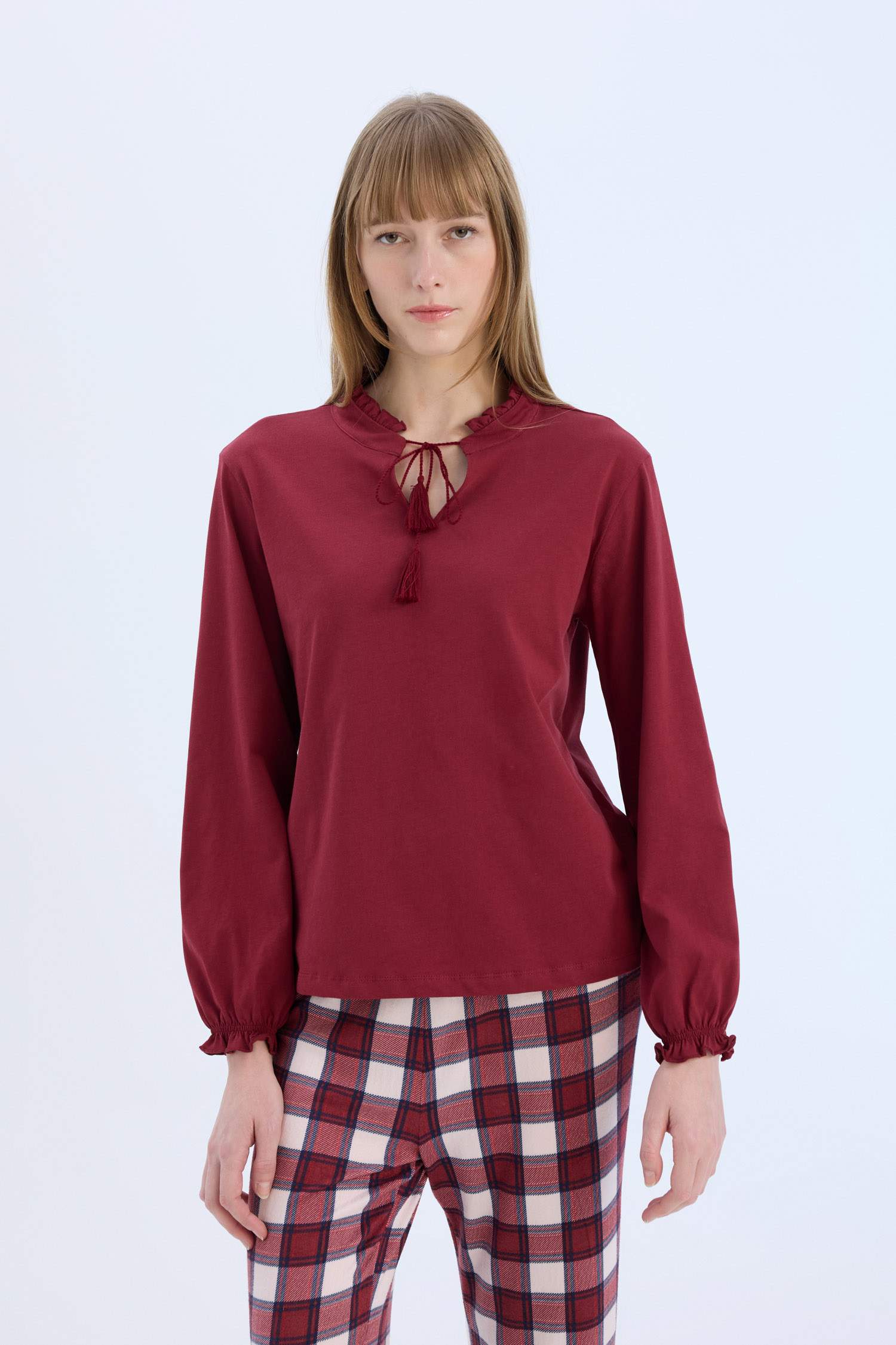 Pijama Takımı Regular Fit Uzun Kollu Üst Kareli Uzun Alt-Fall in Love