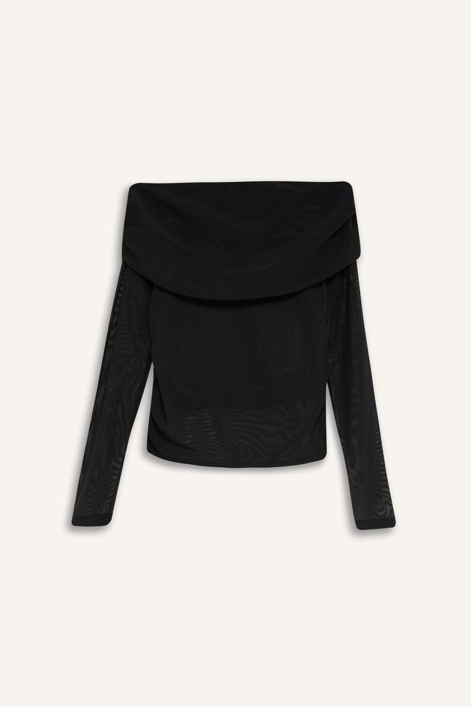 T-shirt à manches longues en tulle à épaules dénudées