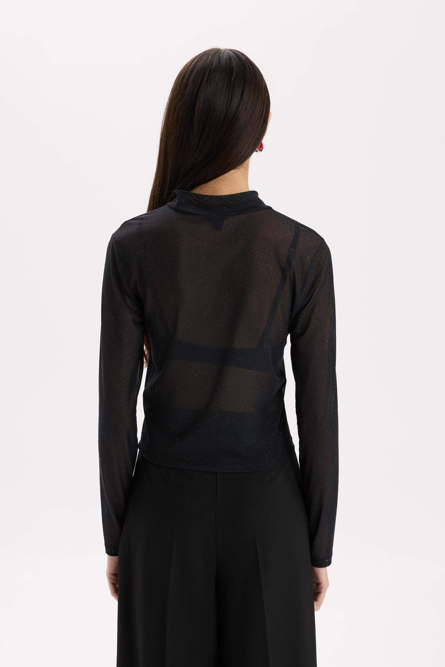 Slim Fit Dar Kesim Yarım Balıkçı Yaka Casual Tül Uzun Kollu Tişört