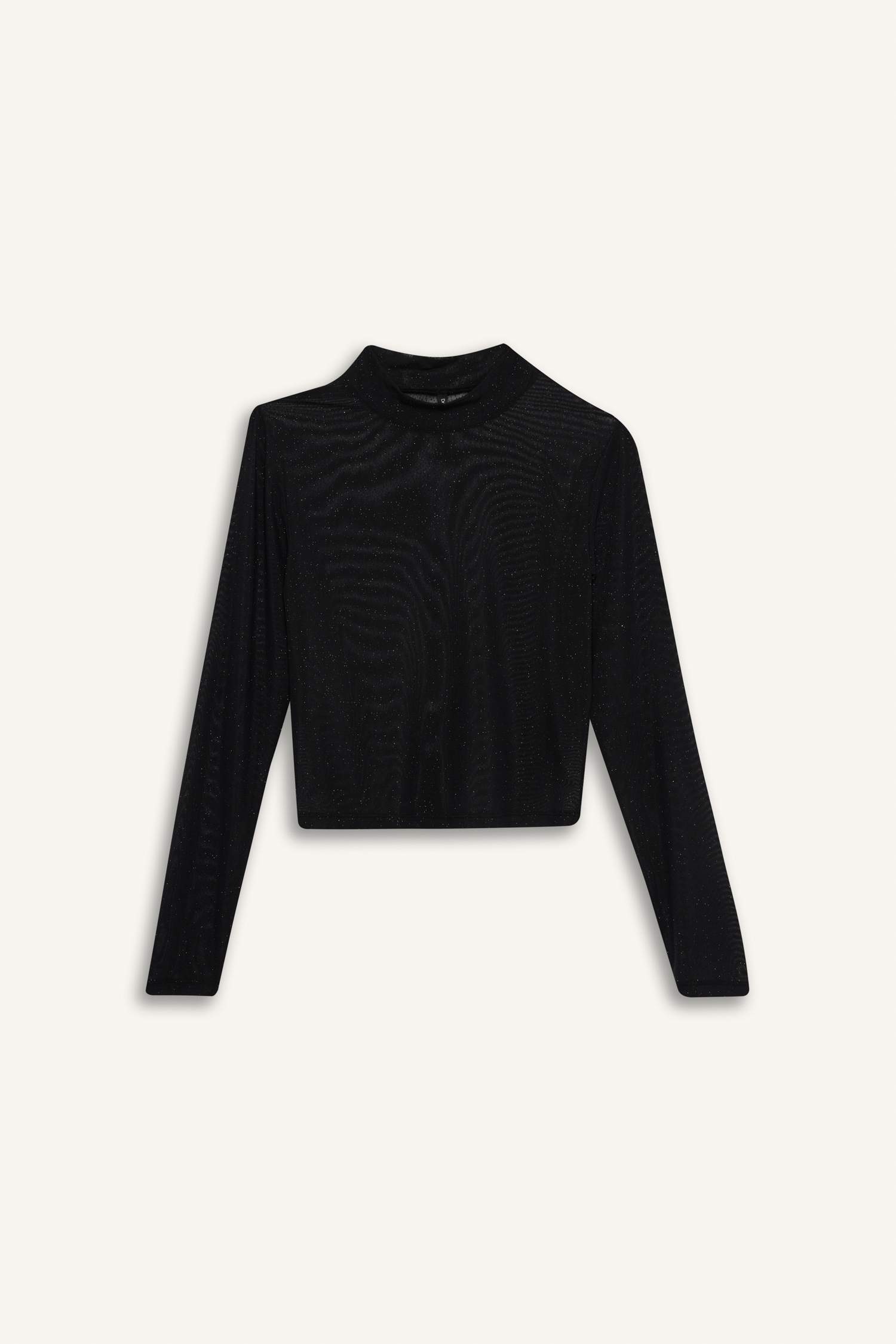 Slim Fit Dar Kesim Yarım Balıkçı Yaka Casual Tül Uzun Kollu Tişört