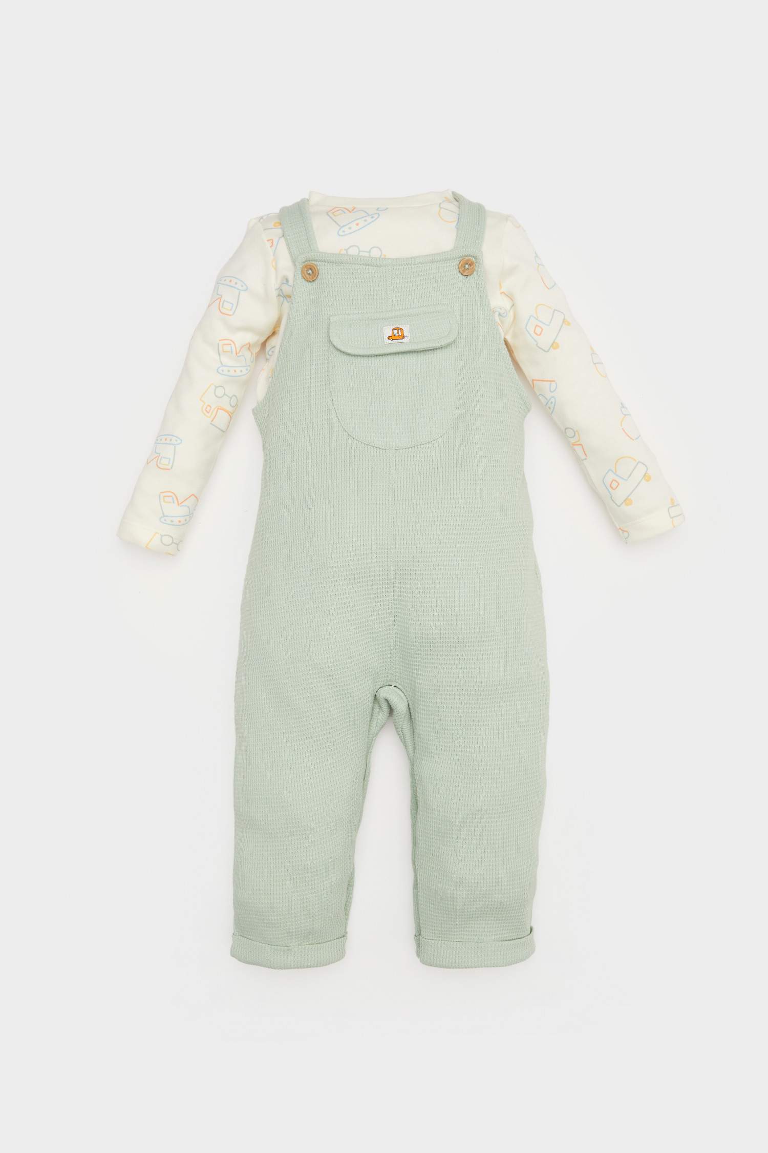 Erkek Bebek 2'li Takım Araç Baskılı Waffle Uzun Kollu Tişört Salopet