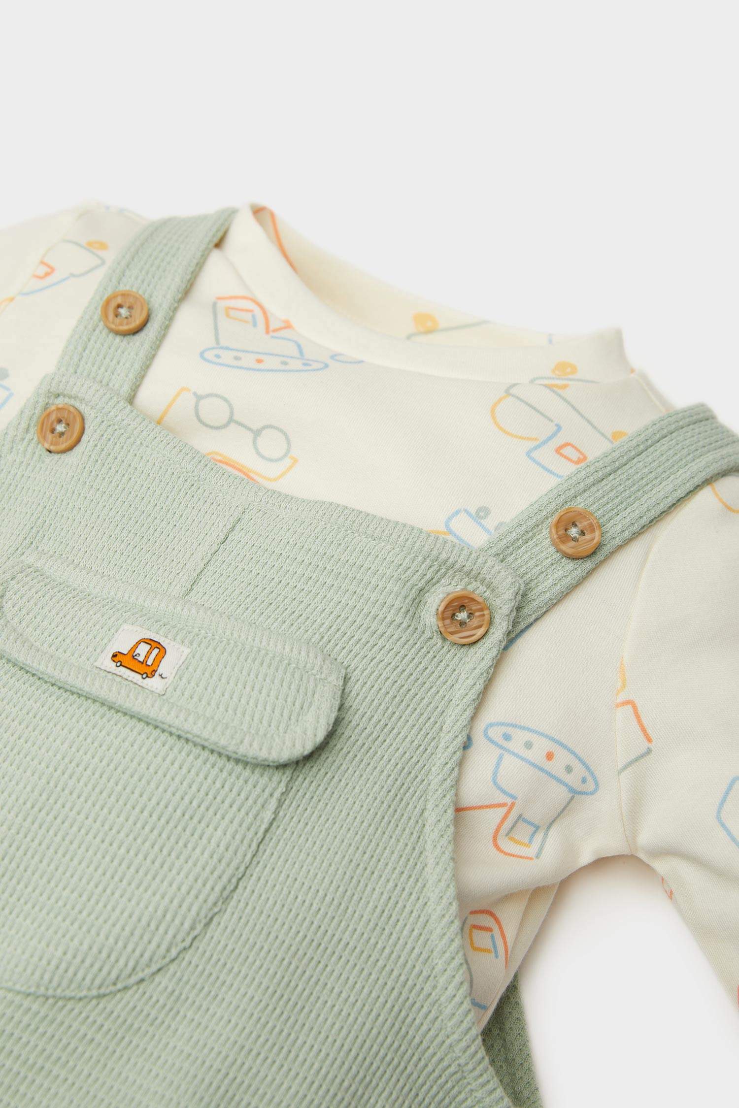 Erkek Bebek 2'li Takım Araç Baskılı Waffle Uzun Kollu Tişört Salopet