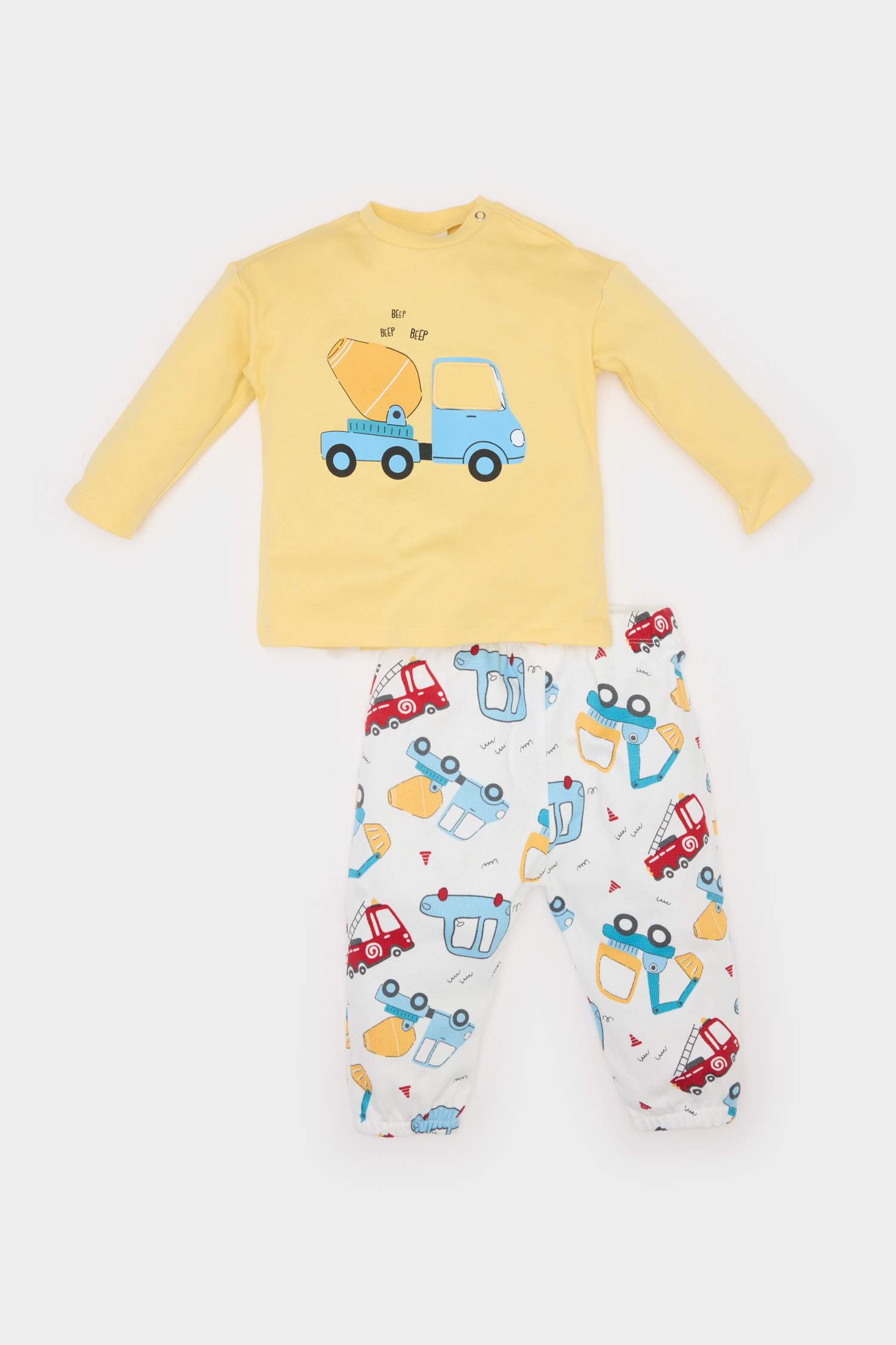 Erkek Bebek Araç Baskılı 2'li Takım Uzun Kollu Waffle Tişört Beli Lastikli Alt