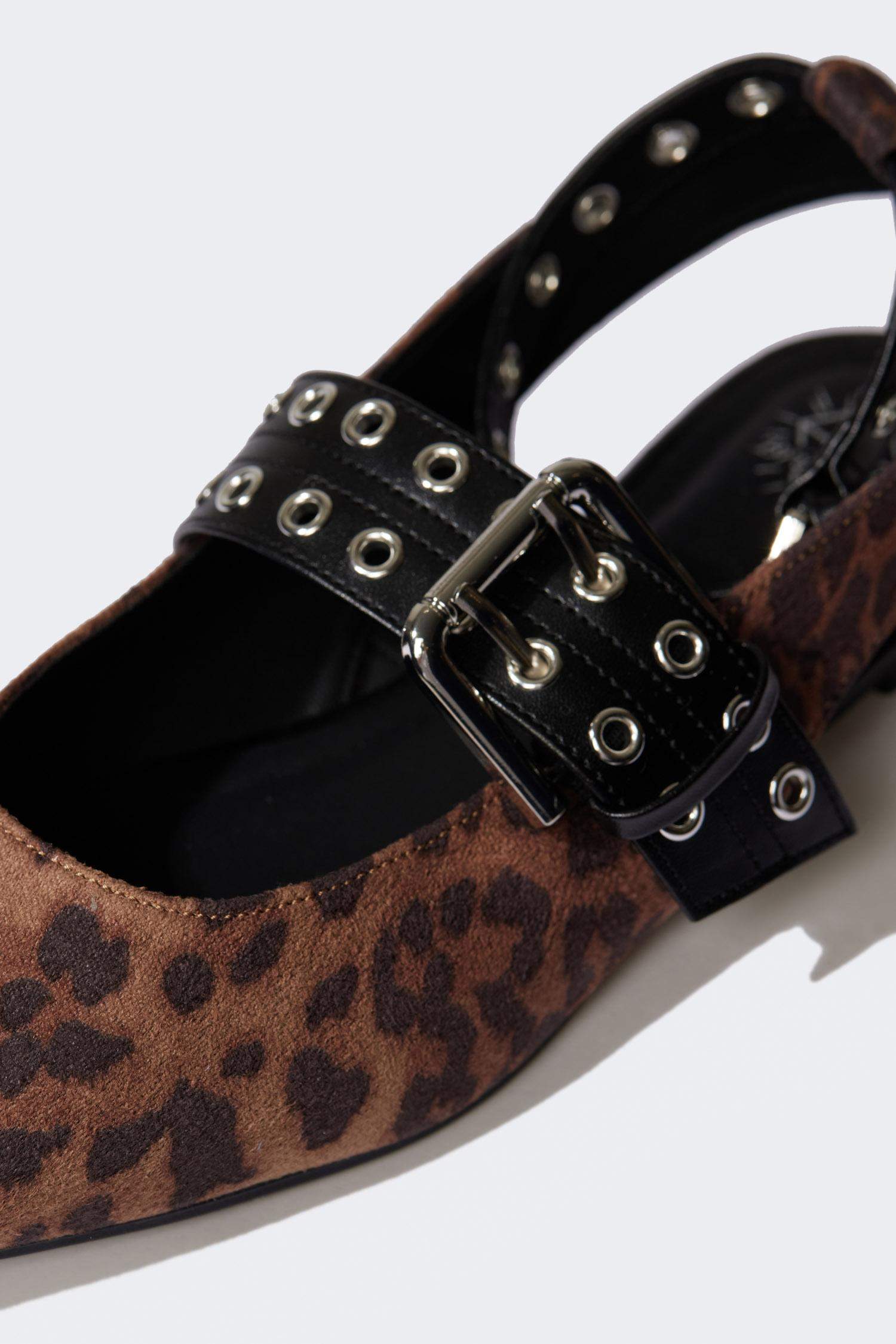 Kadın Leopar Desenli Düz Taban Suni Deri Babet