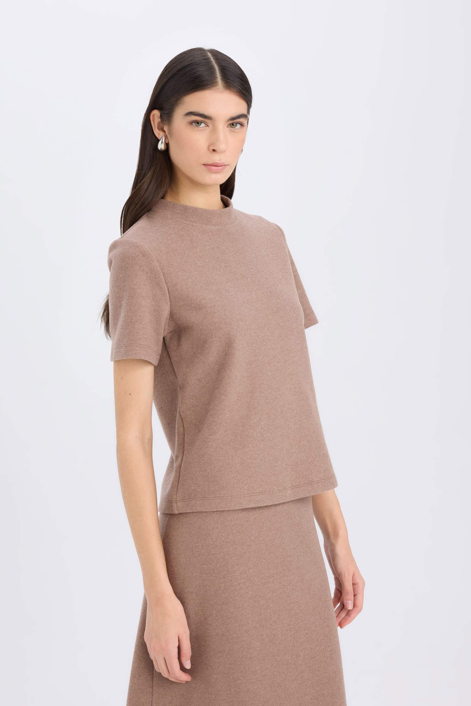 Selanik Kumaş 2'li Takım Kısa Kollu Üst Beli Lastikli Midi Etek