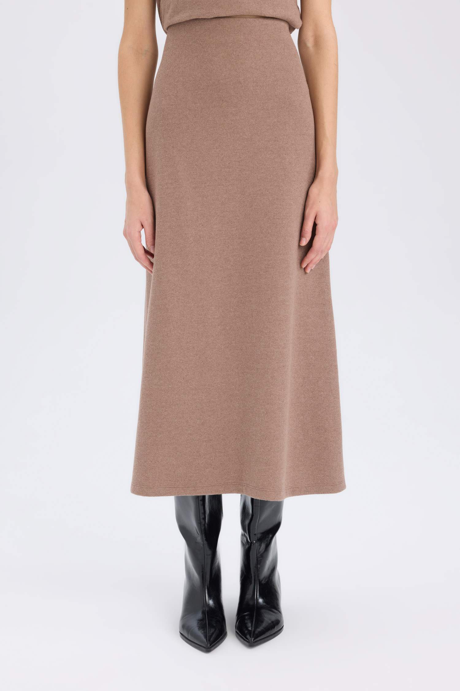 Selanik Kumaş 2'li Takım Kısa Kollu Üst Beli Lastikli Midi Etek