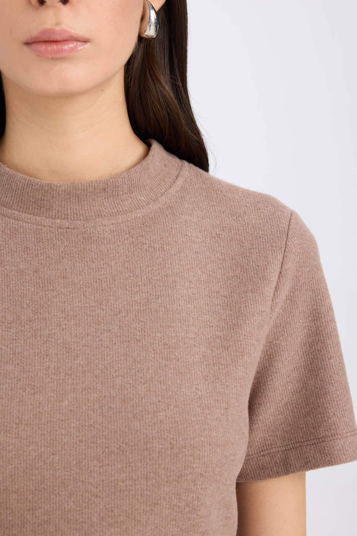 Selanik Kumaş 2'li Takım Kısa Kollu Üst Beli Lastikli Midi Etek