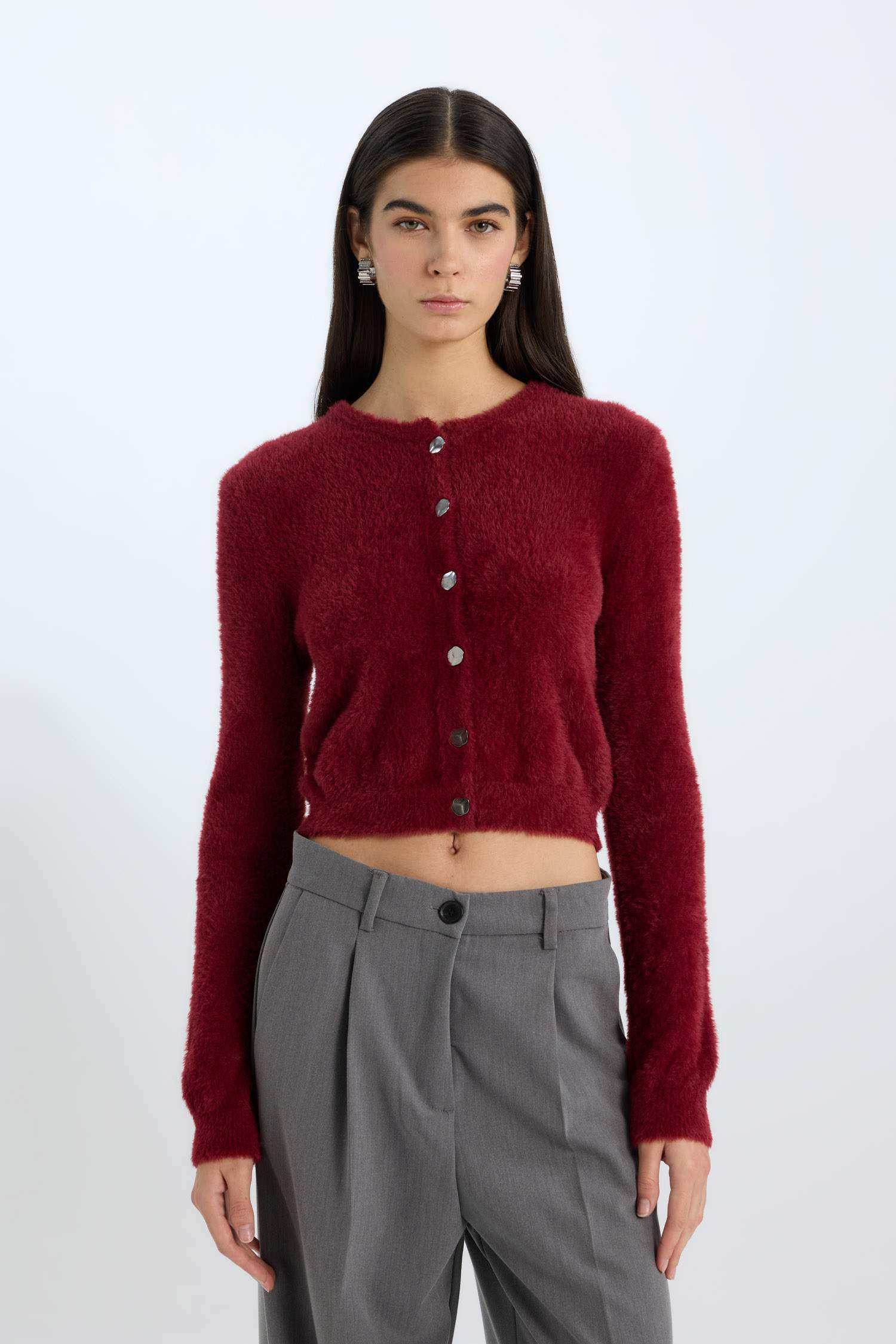 Regular Fit Bisiklet Yaka Düğmeli Triko Bordo Hırka