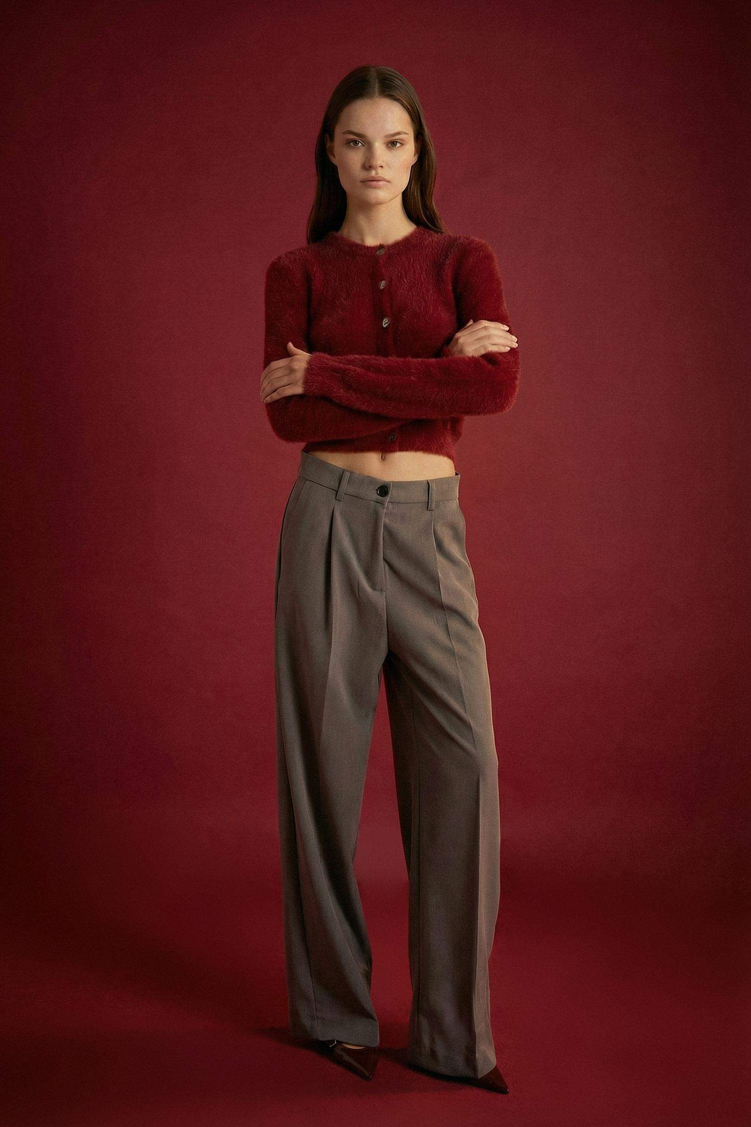 Regular Fit Bisiklet Yaka Düğmeli Triko Bordo Hırka